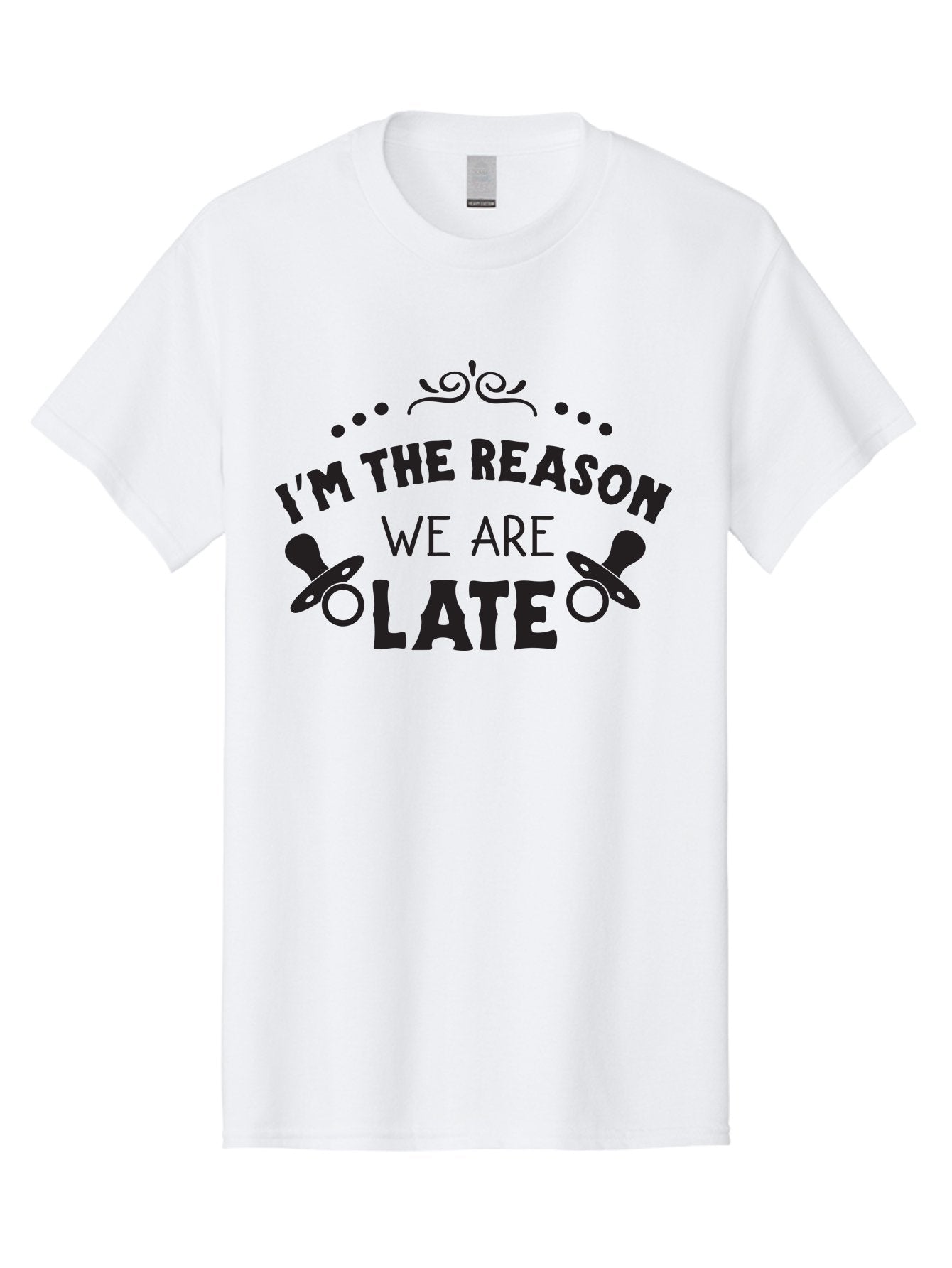 I-M-The-Reason-We-Are-Late Men'S Graphic Tee, 100% Cotton, Comfortable Casual Summer Wear, Machine Washable, Funny Baby Quote, Humorous Parenting Phrase, Adorable Pacifier Graphics, Playful Parenting Humor, Cute Baby Saying, Parenting Jokes, Aac868 9
