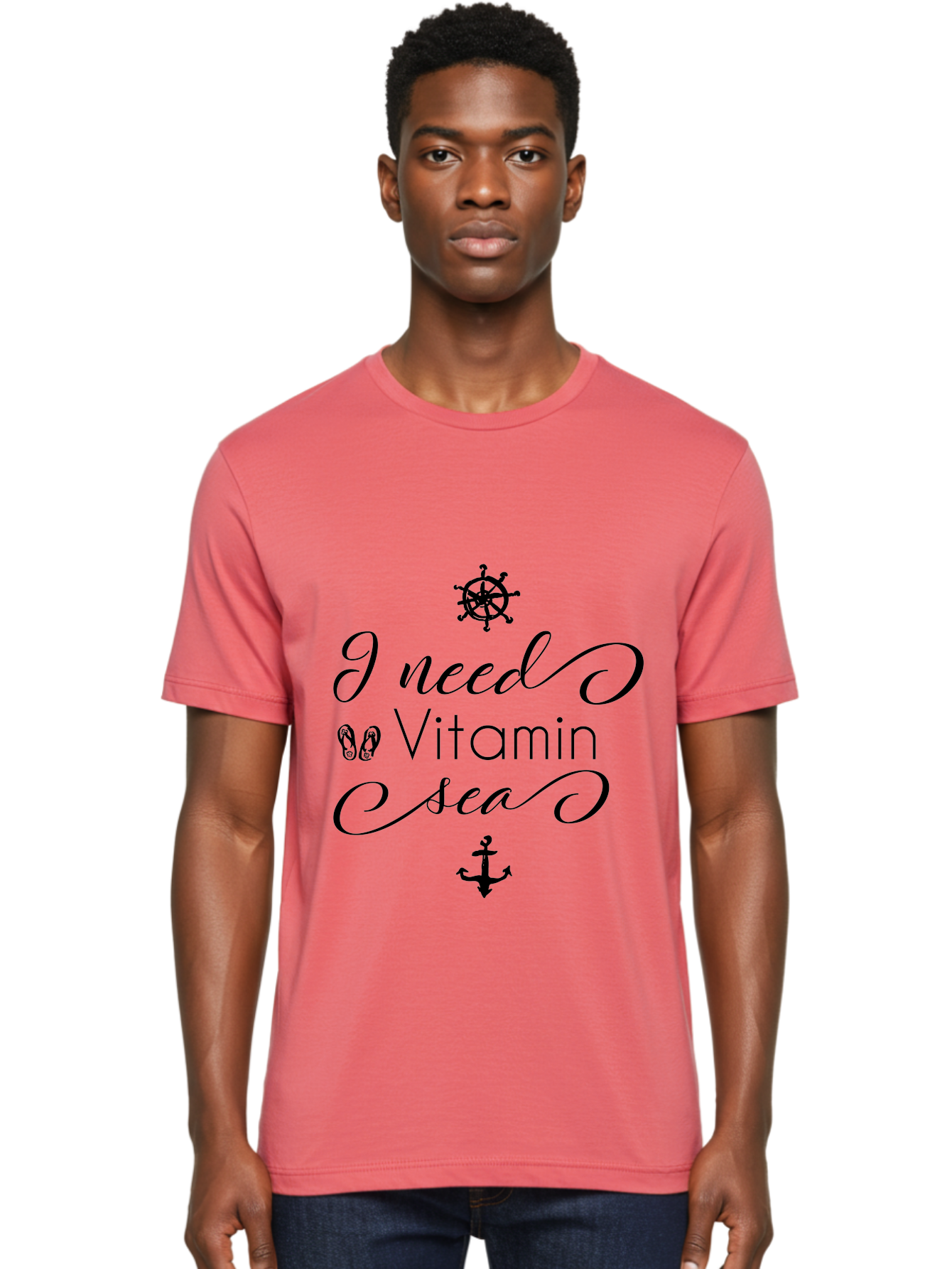 I-Need-Vitamin-Sea Men'S Graphic Tee, 100% Cotton, Comfortable Casual Summer Wear, Machine Washable, Nautical Theme, Ocean Inspiration, Beachy Vibes, Inspirational Quote, Sailing Symbols, Flip Flops, Anchor, Ship'S Wheel Aac872 16