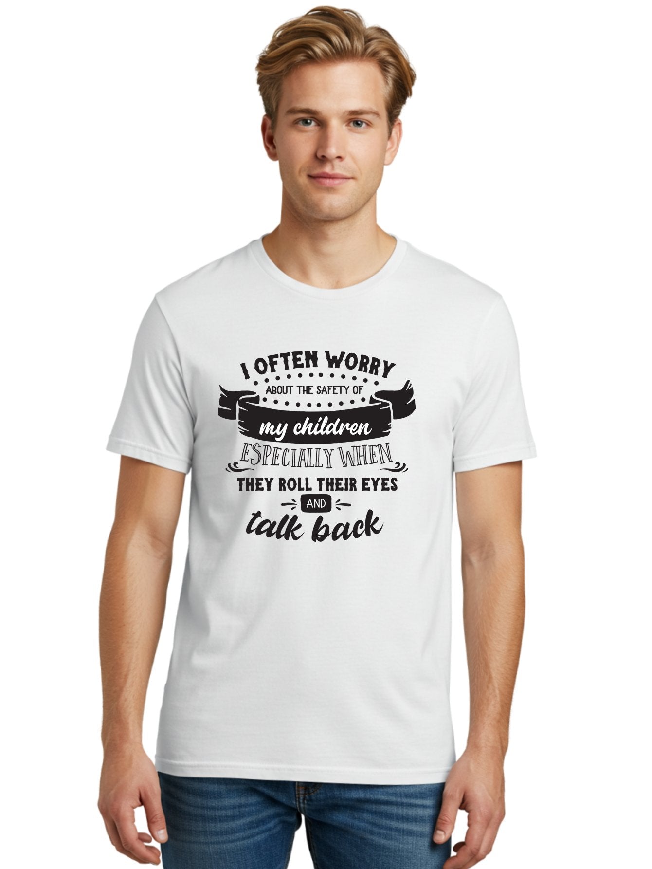I-Often-Worry-About-The-Safety-Of-My-Children Men'S Graphic Tee, 100% Cotton, Comfortable Casual Summer Wear, Machine Washable, Funny Parenting Quote, Humorous Saying, Kids Backtalk, Sarcastic Humor, Ironic Expression, Playful Design, Aac873 21