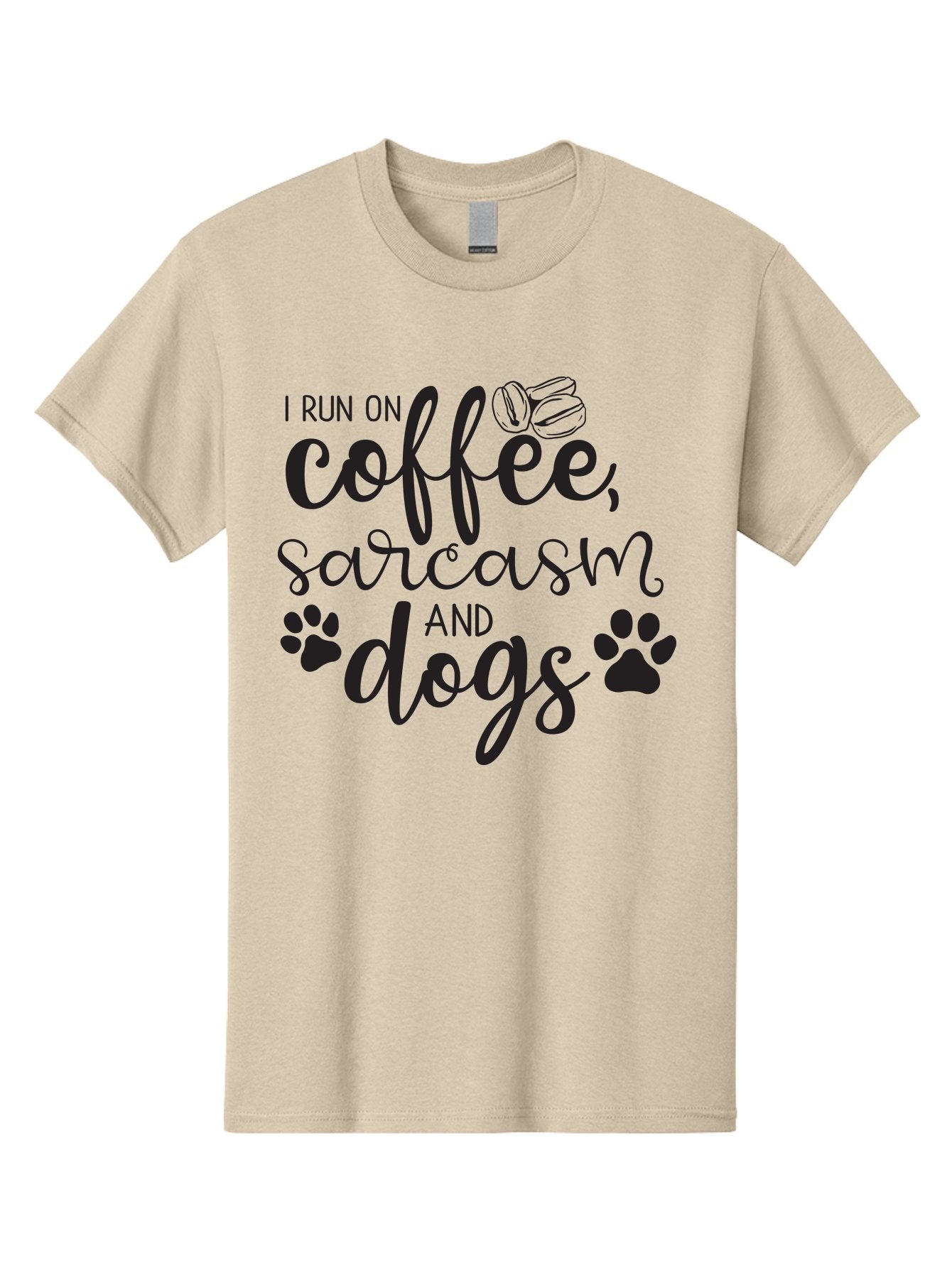 I-Run-On-Coffee-Sarcasm-And-Dogs Men'S Graphic Tee, 100% Cotton, Comfortable Casual Summer Wear, Machine Washable, Funny Quote, Dog Lovers, Coffee Lovers, Sarcastic Humor, Motivational Quotes, Dog Paw Prints, Coffee Beans Aac876 8