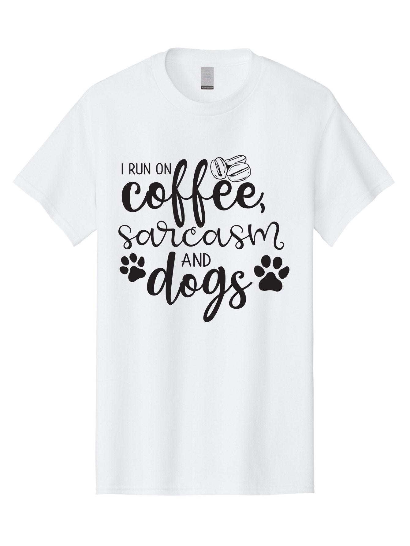 I-Run-On-Coffee-Sarcasm-And-Dogs Men'S Graphic Tee, 100% Cotton, Comfortable Casual Summer Wear, Machine Washable, Funny Quote, Dog Lovers, Coffee Lovers, Sarcastic Humor, Motivational Quotes, Dog Paw Prints, Coffee Beans Aac876 4
