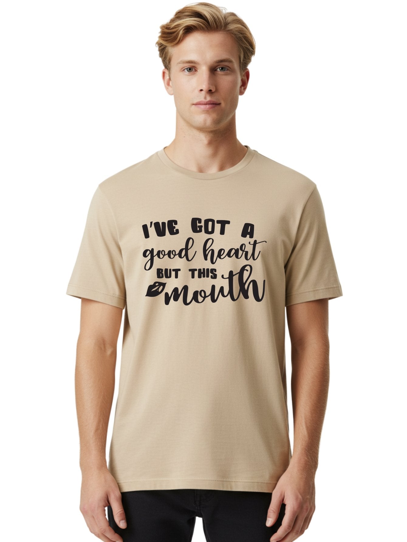I-Ve-Got-A-Good-Heart-But-This-Mouth Men'S Graphic Tee, 100% Cotton, Comfortable Casual Summer Wear, Machine Washable, Sassy Quote, Good Heart, Lip Prints, Sassy Mouth, Funny Saying, Attitude Quote, Witty Phrase, Sarcastic Humor Aac880 19
