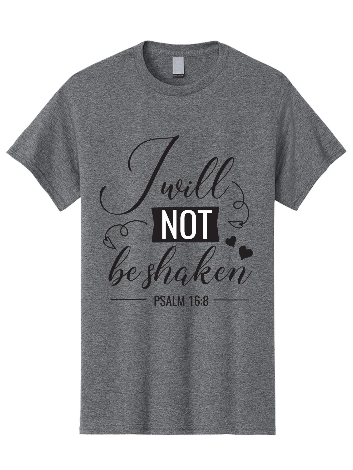I-Will-Not-Be-Shaken Men'S Graphic Tee, 100% Cotton, Comfortable Casual Summer Wear, Machine Washable, Inspirational Quote, Psalm 16:8, Motivational Phrase, Not Be Shaken, Faith-Based Message, Scripture Quote, Heart Symbols, Typography Design, Aac888 4