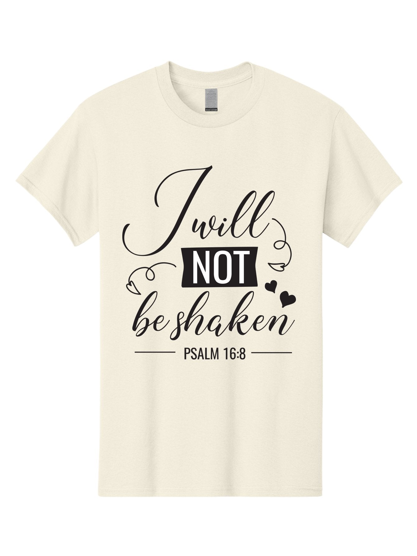 I-Will-Not-Be-Shaken Men'S Graphic Tee, 100% Cotton, Comfortable Casual Summer Wear, Machine Washable, Inspirational Quote, Psalm 16:8, Motivational Phrase, Not Be Shaken, Faith-Based Message, Scripture Quote, Heart Symbols, Typography Design, Aac888