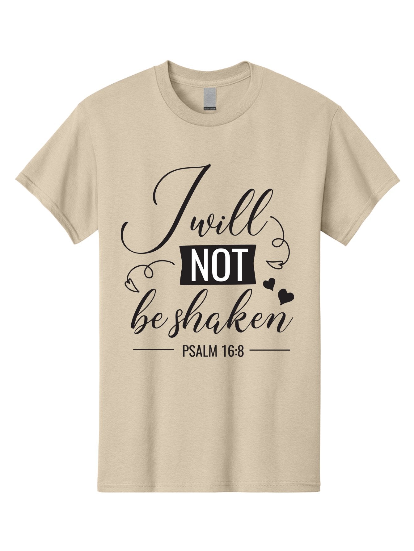 I-Will-Not-Be-Shaken Men'S Graphic Tee, 100% Cotton, Comfortable Casual Summer Wear, Machine Washable, Inspirational Quote, Psalm 16:8, Motivational Phrase, Not Be Shaken, Faith-Based Message, Scripture Quote, Heart Symbols, Typography Design, Aac888