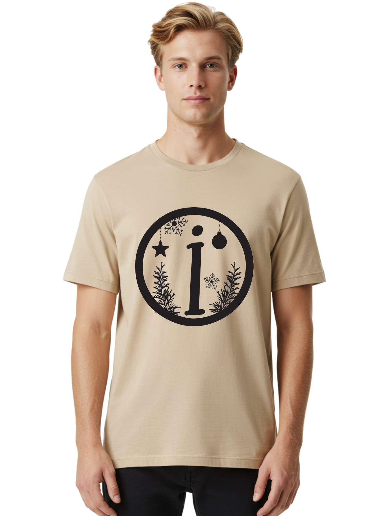 I Men'S Graphic Tee, 100% Cotton, Comfortable Casual Summer Wear, Machine Washable, Lowercase I, Christmas Ornaments, Snowflakes, Festive Decorations, Holiday Theme, Winter Scene, Star Decoration, Sprigs Of Evergreen Aac889 14
