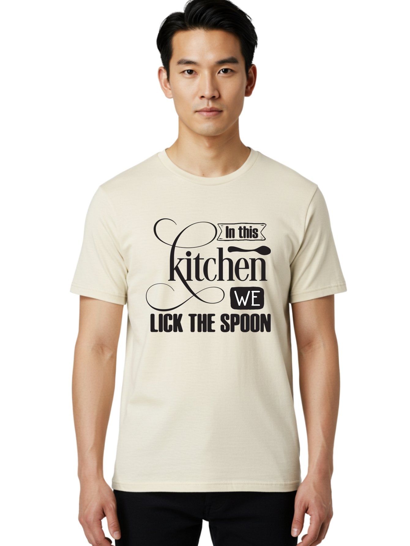 In-This-Kitchen-We-Lick-The-Spoon Men'S Graphic Tee, 100% Cotton, Comfortable Casual Summer Wear, Machine Washable, Kitchen Decor, Cooking Quotes, Culinary Inspiration, Cooking Humor, Kitchen Signs, Foodie Gifts, Lick The Spoon, Aac896 23