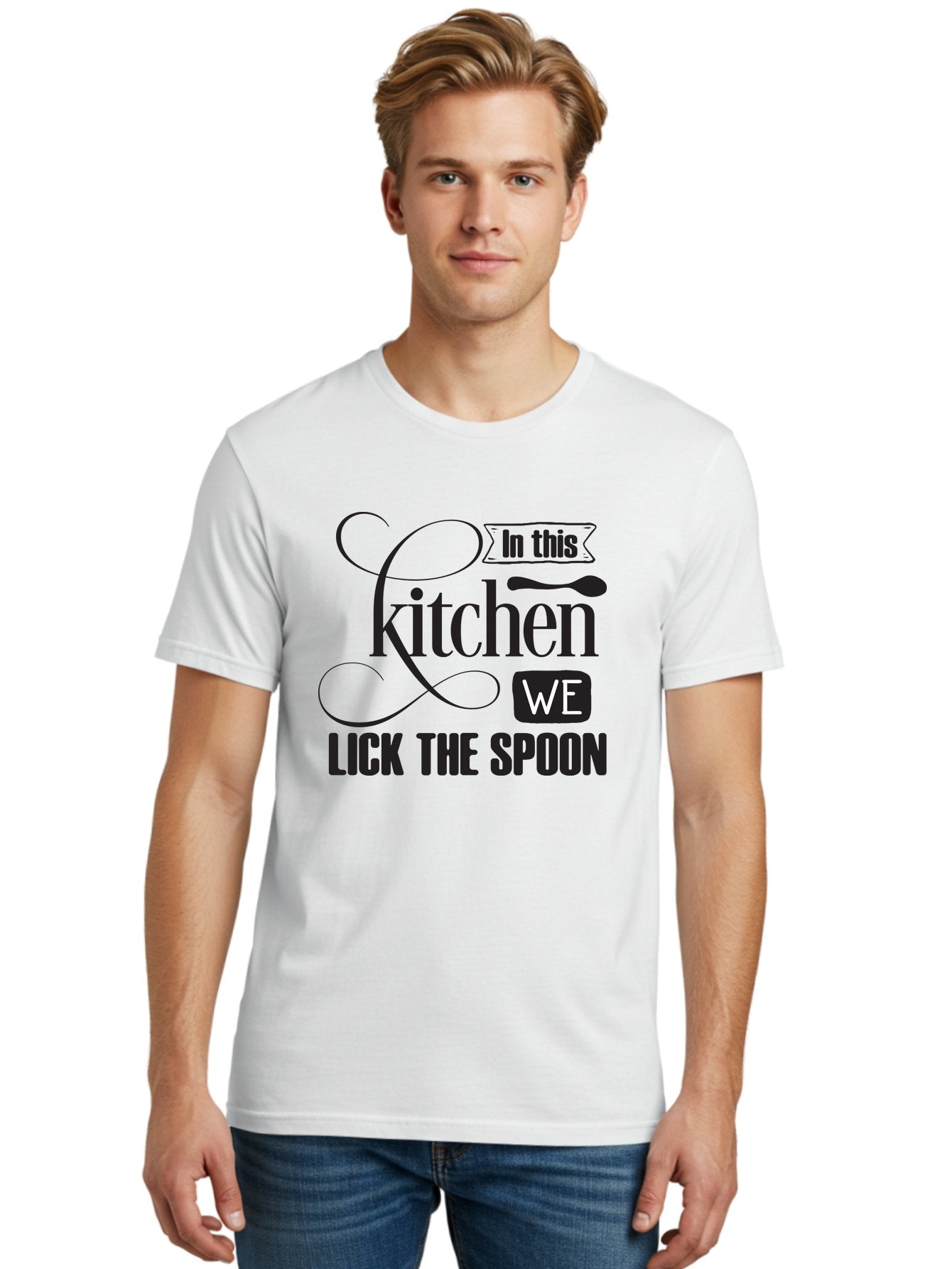In-This-Kitchen-We-Lick-The-Spoon Men'S Graphic Tee, 100% Cotton, Comfortable Casual Summer Wear, Machine Washable, Kitchen Decor, Cooking Quotes, Culinary Inspiration, Cooking Humor, Kitchen Signs, Foodie Gifts, Lick The Spoon, Aac896 25