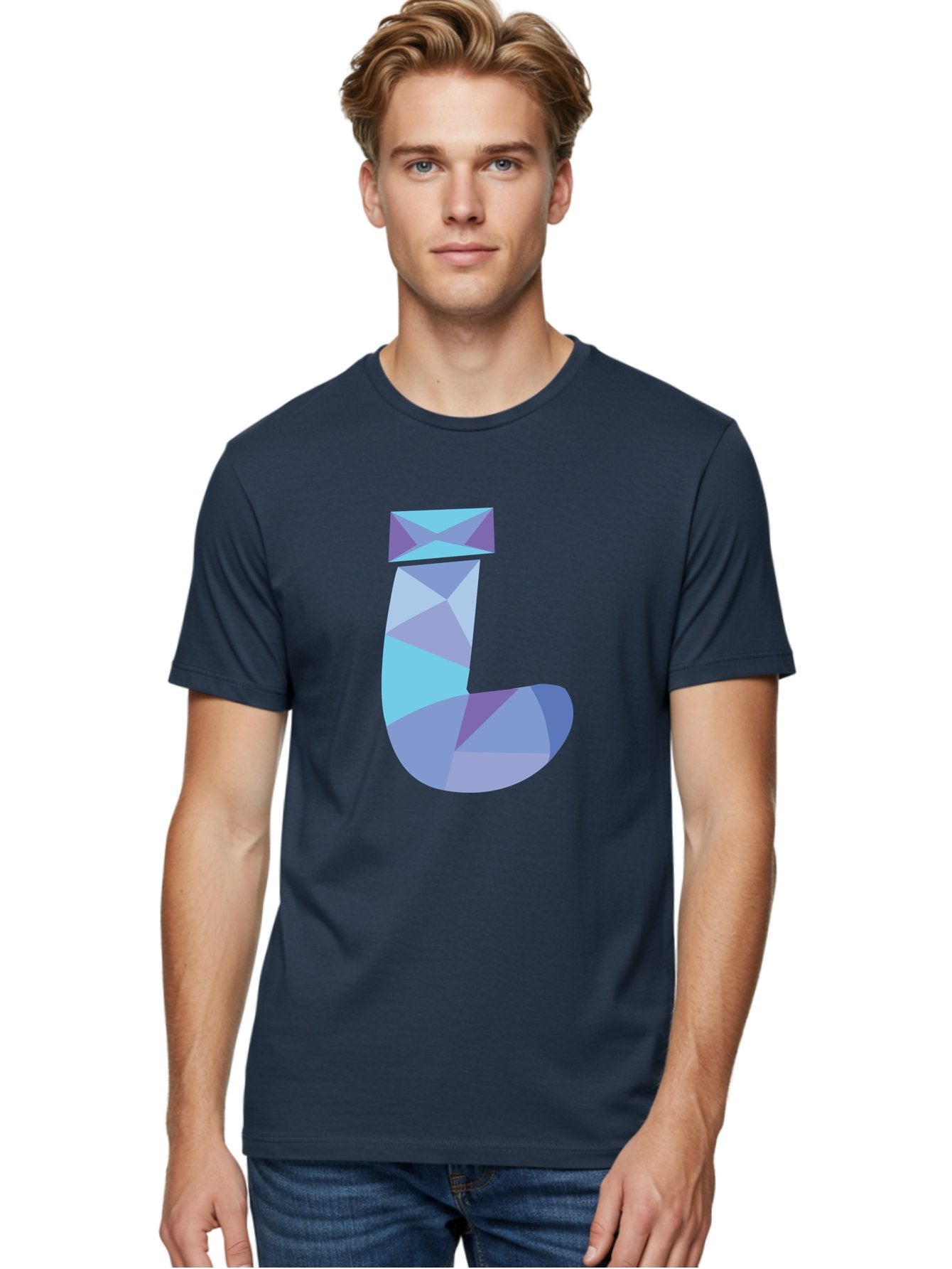 J-2 Men'S Graphic Tee, 100% Cotton, Comfortable Casual Summer Wear, Machine Washable, Geometric Letter J, Abstract Art, Low Poly Design, Blue And Purple Hues, Modern Typography, Stylized Alphabet, Digital Graphic Aac905 21