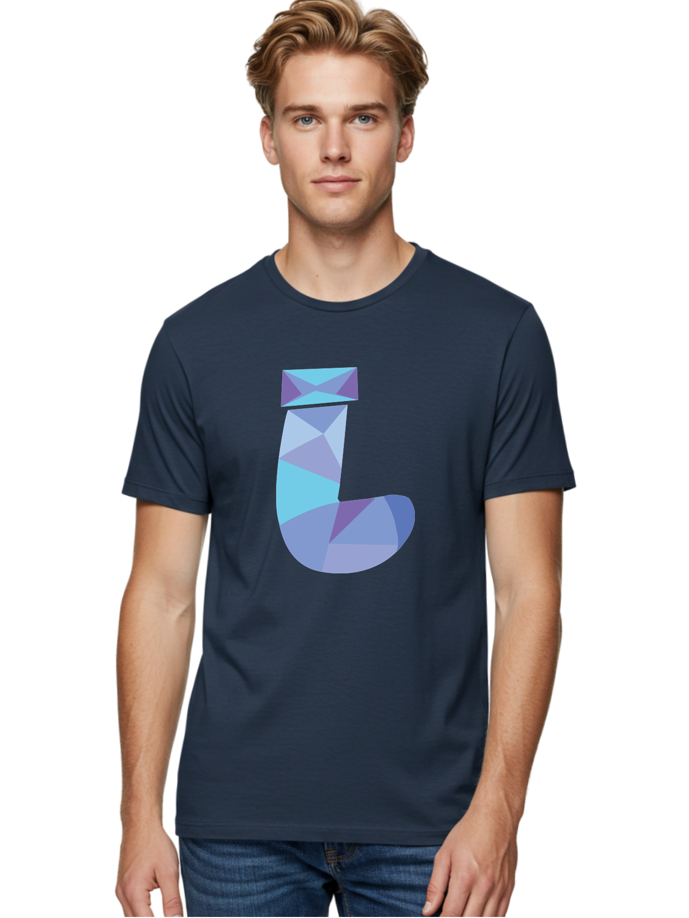 J-2 Men'S Graphic Tee, 100% Cotton, Comfortable Casual Summer Wear, Machine Washable, Geometric Letter J, Abstract Art, Low Poly Design, Blue And Purple Hues, Modern Typography, Stylized Alphabet, Digital Graphic Aac905 20