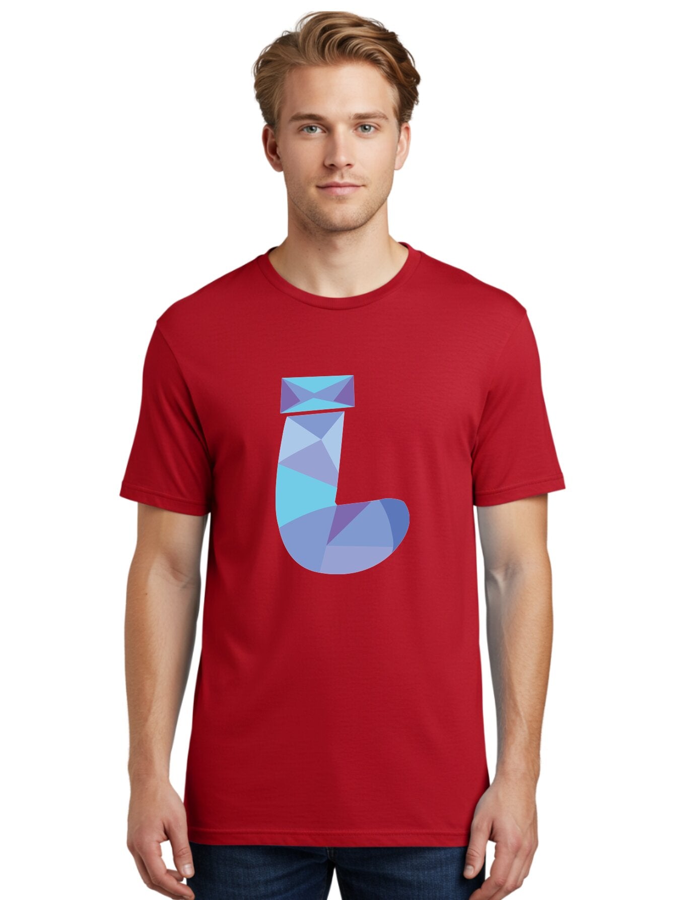 J-2 Men'S Graphic Tee, 100% Cotton, Comfortable Casual Summer Wear, Machine Washable, Geometric Letter J, Abstract Art, Low Poly Design, Blue And Purple Hues, Modern Typography, Stylized Alphabet, Digital Graphic Aac905 25