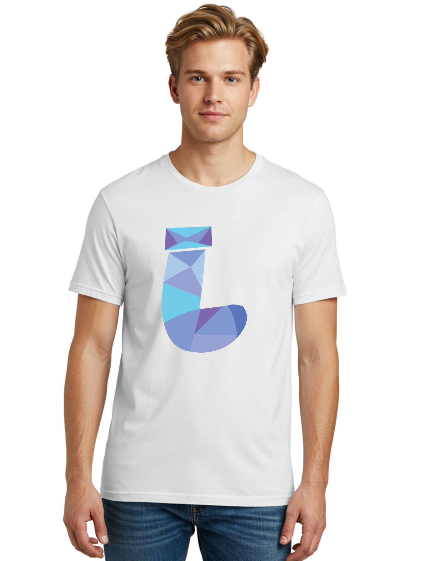 J-2 Men'S Graphic Tee, 100% Cotton, Comfortable Casual Summer Wear, Machine Washable, Geometric Letter J, Abstract Art, Low Poly Design, Blue And Purple Hues, Modern Typography, Stylized Alphabet, Digital Graphic Aac905 4