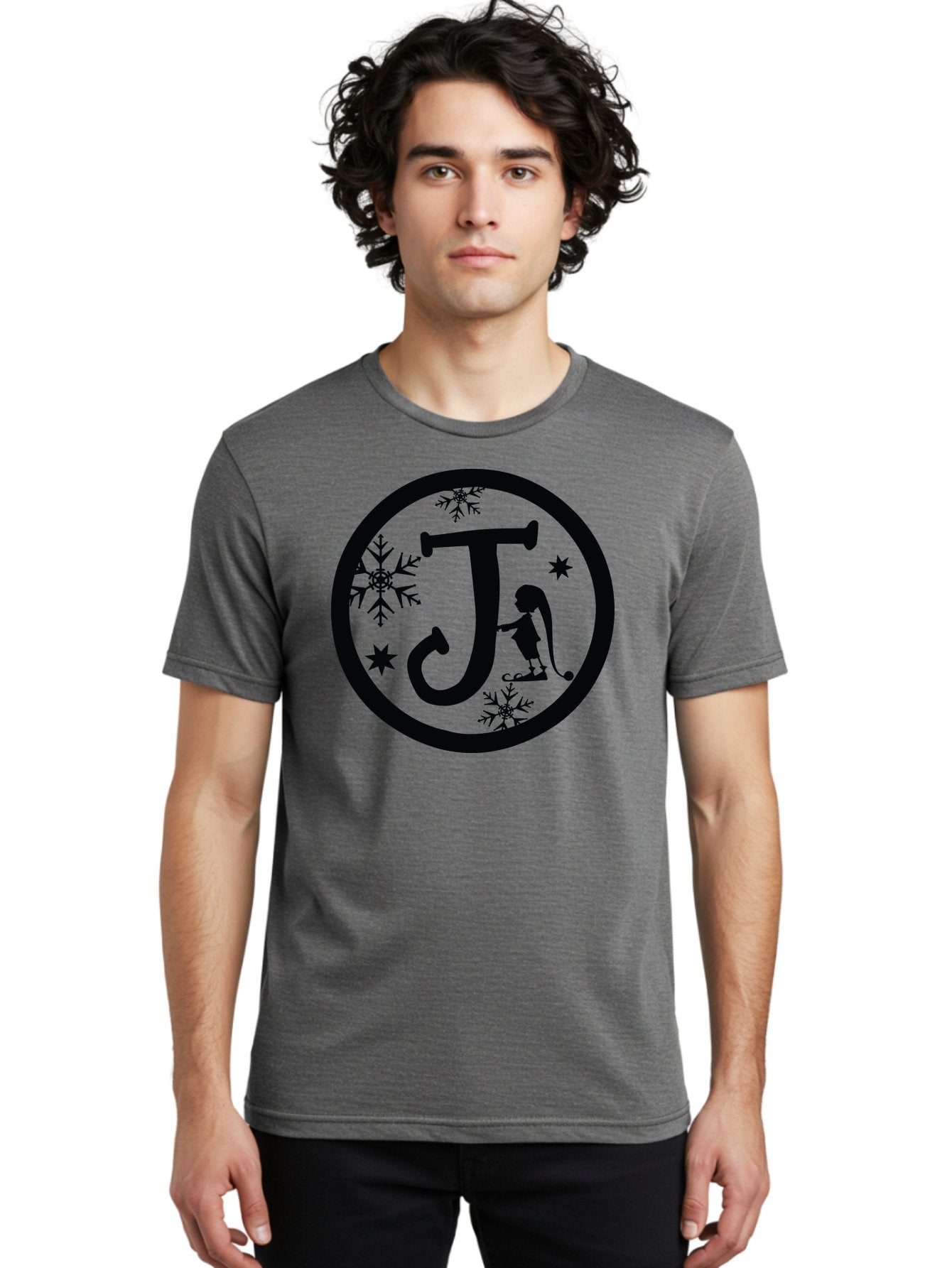 J Men'S Graphic Tee, 100% Cotton, Comfortable Casual Summer Wear, Machine Washable, Girl Playing Hockey, Winter Sports, Ice Hockey, Silhouette Design, Snowflakes, Stars, Letter J, Frosty Atmosphere, Womens Hockey, Youth Hockey Aac906 16