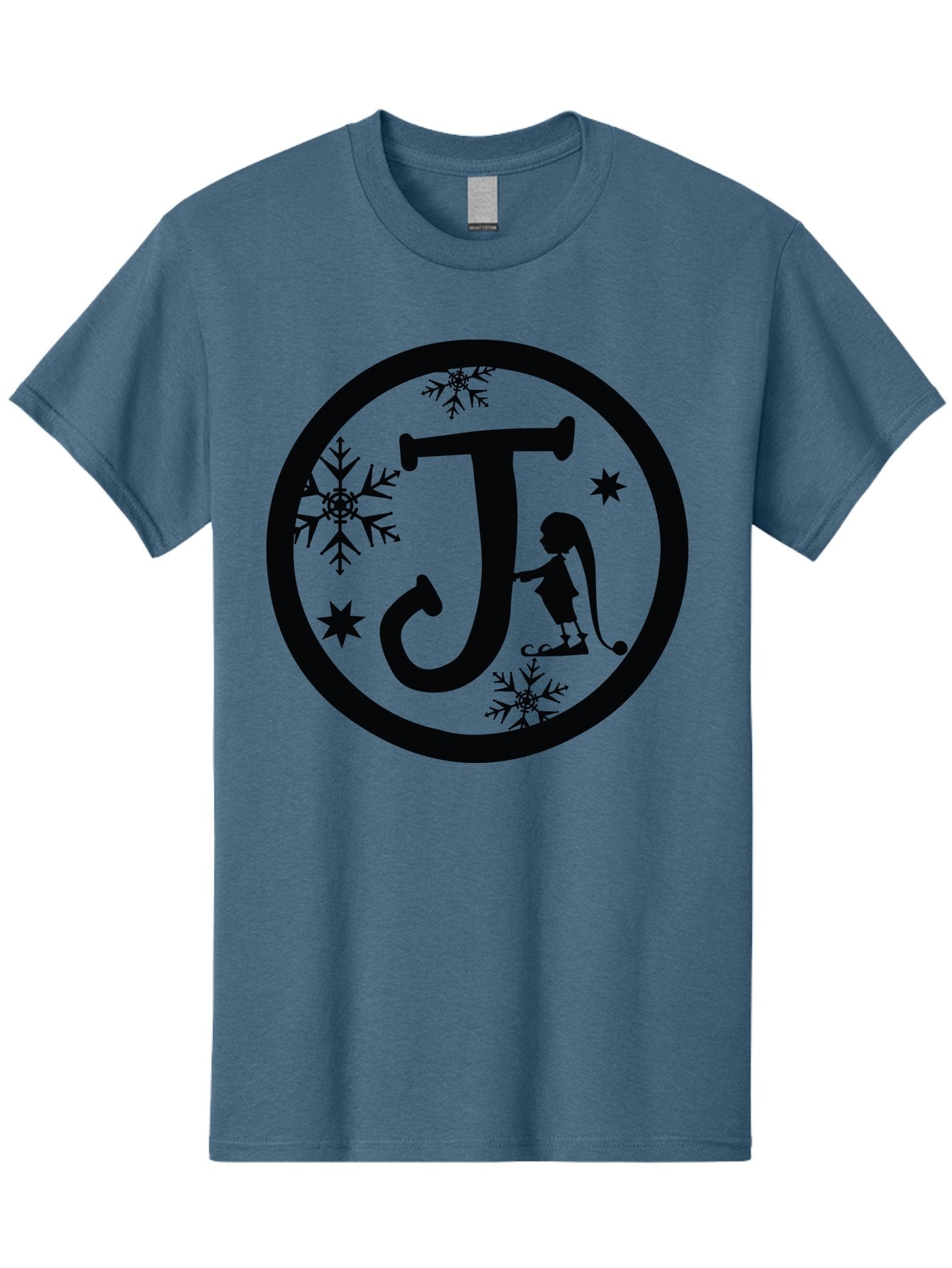 J Men'S Graphic Tee, 100% Cotton, Comfortable Casual Summer Wear, Machine Washable, Girl Playing Hockey, Winter Sports, Ice Hockey, Silhouette Design, Snowflakes, Stars, Letter J, Frosty Atmosphere, Womens Hockey, Youth Hockey Aac906