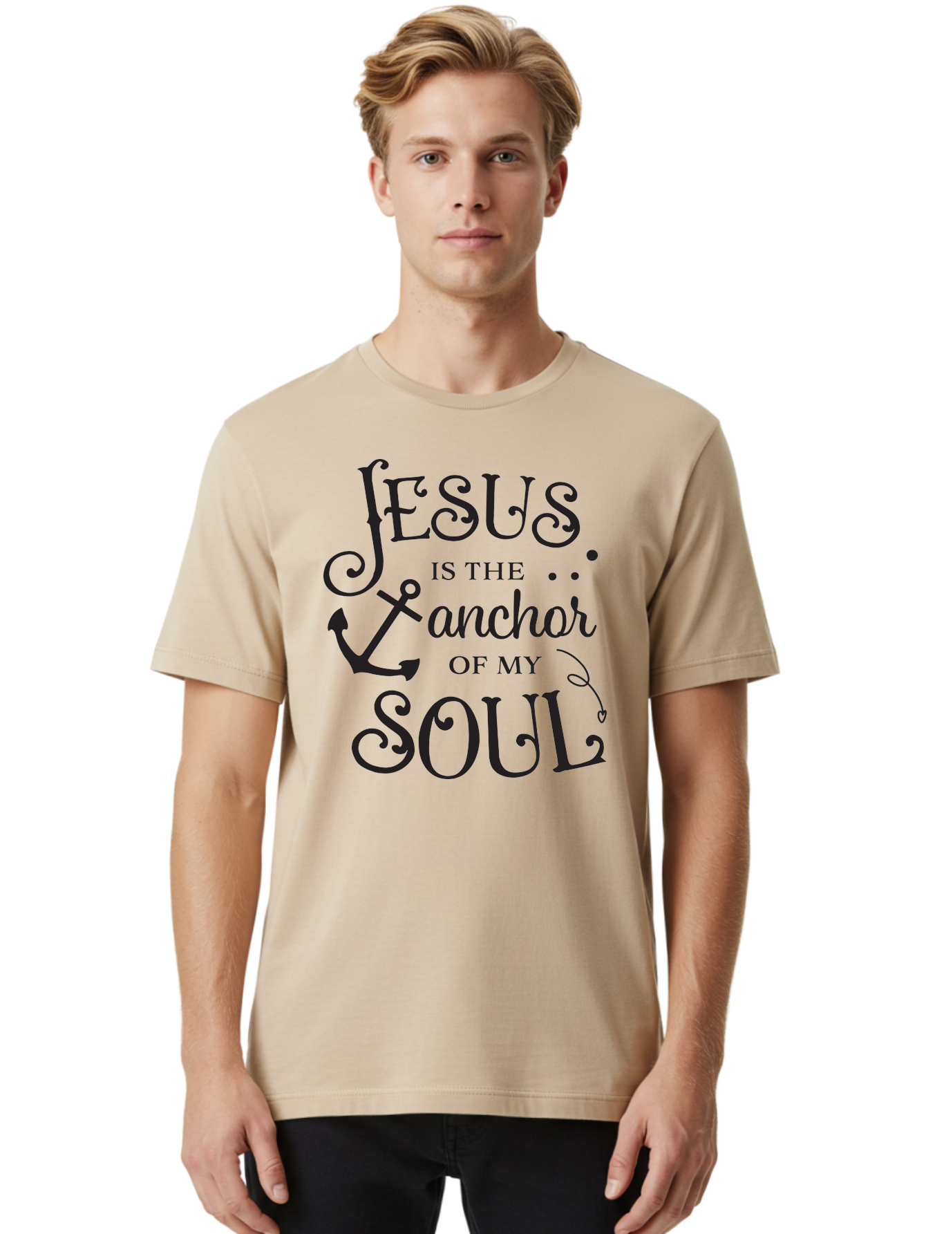 Jesus-Is-The-Anchor-Of-My-Soul Men'S Graphic Tee, 100% Cotton, Comfortable Casual Summer Wear, Machine Washable, Faith-Based Quote, Inspirational Message, Jesus Anchor, Soul Anchor, Christian Symbolism, Biblical Reference, Motivational Phrase, Aac909 4