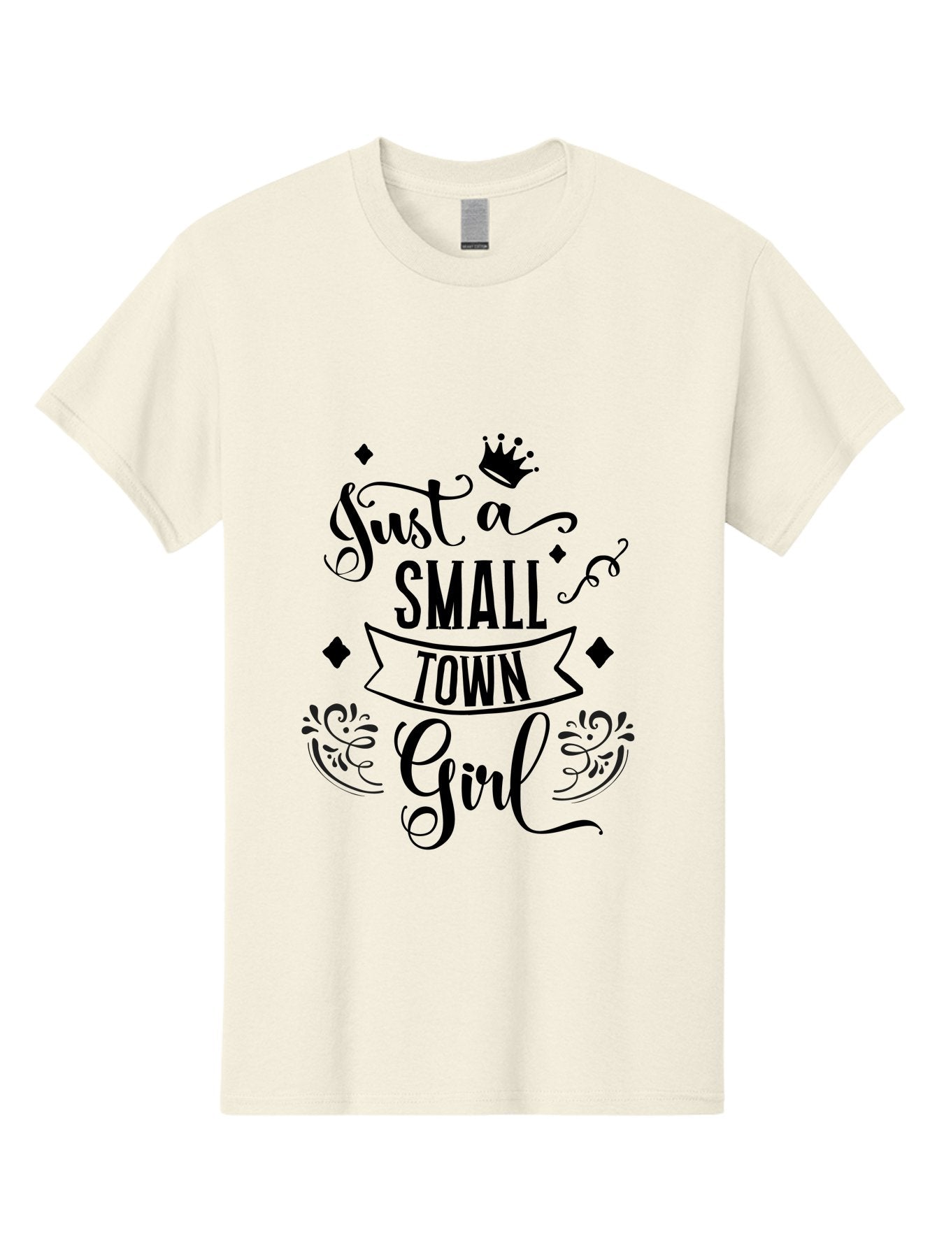 Just-A-Small-Town-Girl Men'S Graphic Tee, 100% Cotton, Comfortable Casual Summer Wear, Machine Washable, Small Town Girl, Typography Design, Elegant Font, Crown Symbol, Ornate Details, Black Text, Feminine Style, Decorative Elements, Aac913 13
