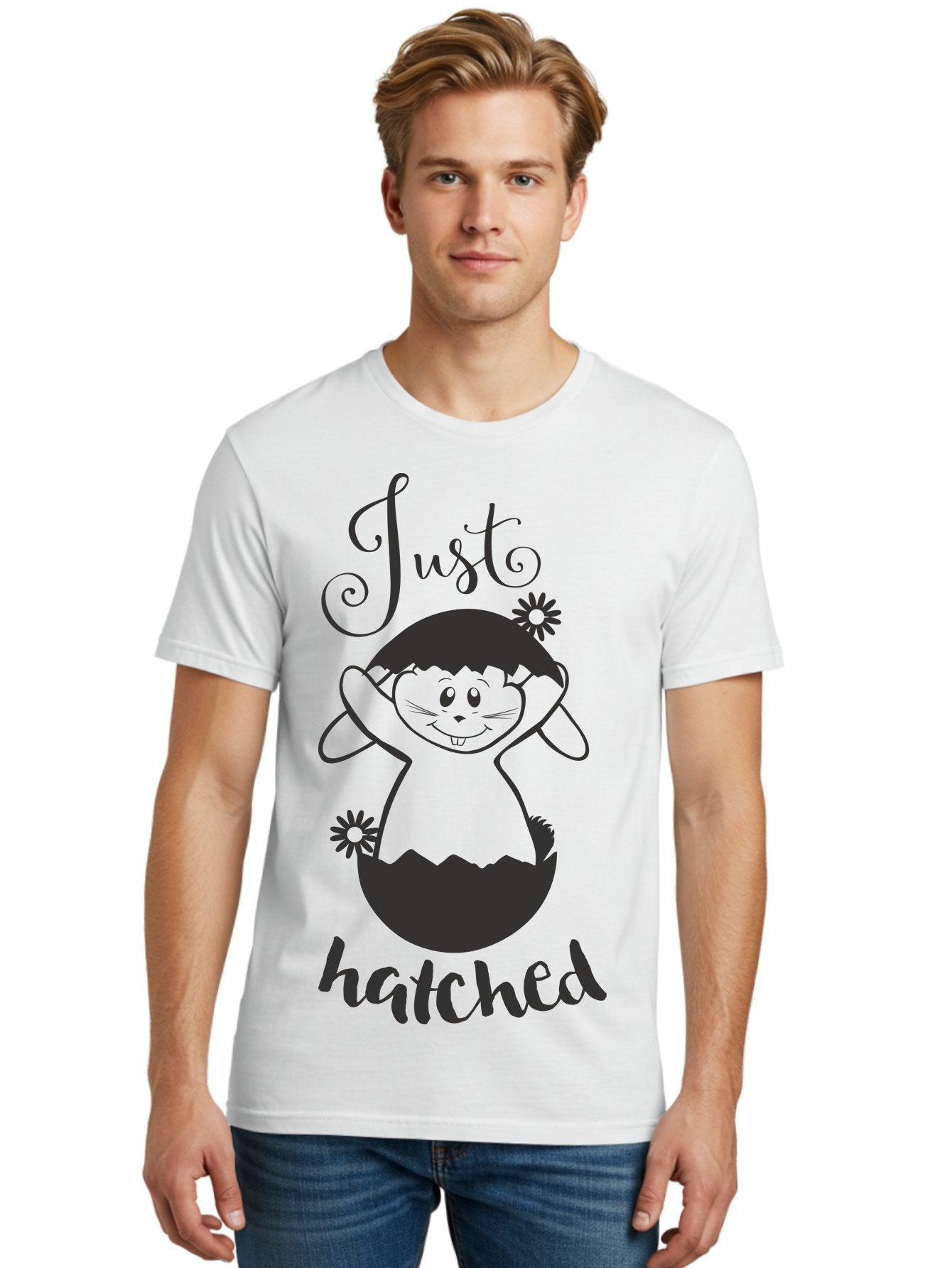 Just-Hatched Men'S Graphic Tee, 100% Cotton, Comfortable Casual Summer Wear, Machine Washable, Cute Cartoon Character, Hatching From Egg, Playful Design, Easter Theme, Funny Illustration, Whimsical Art, Baby Chick, Adorable Graphic Aac915 30