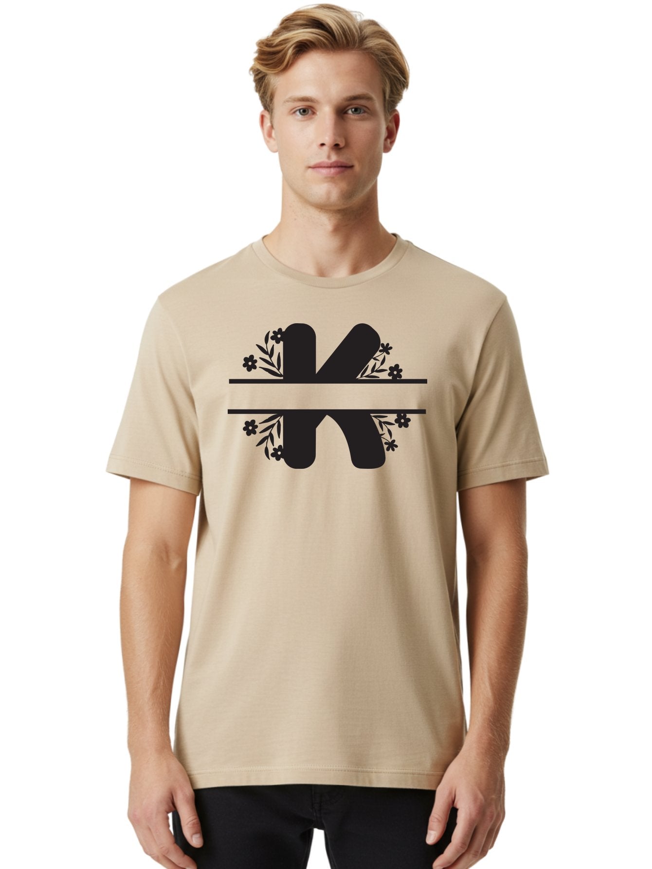 K-1 Men'S Graphic Tee, 100% Cotton, Comfortable Casual Summer Wear, Machine Washable, Stylized Letter K, Floral Design, Black Silhouettes, Flowers And Leaves, Decorative Graphic Aac916 25