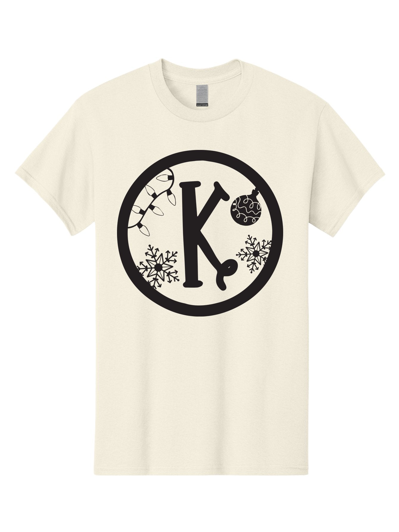 K Men'S Graphic Tee, 100% Cotton, Comfortable Casual Summer Wear, Machine Washable, Christmas Decorations, Festive Designs, Snowflakes, Ornament, K Symbol, String Lights, Holiday Graphics, Winter Wonderland Aac917 5