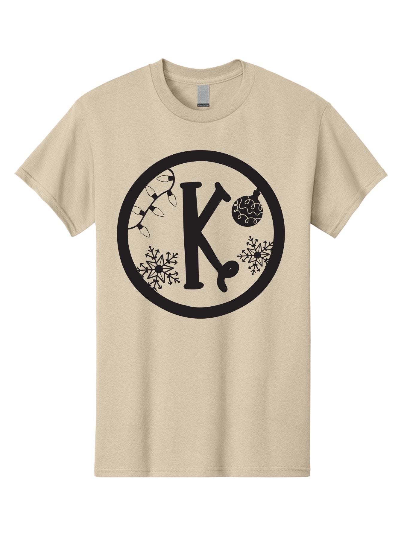 K Men'S Graphic Tee, 100% Cotton, Comfortable Casual Summer Wear, Machine Washable, Christmas Decorations, Festive Designs, Snowflakes, Ornament, K Symbol, String Lights, Holiday Graphics, Winter Wonderland Aac917