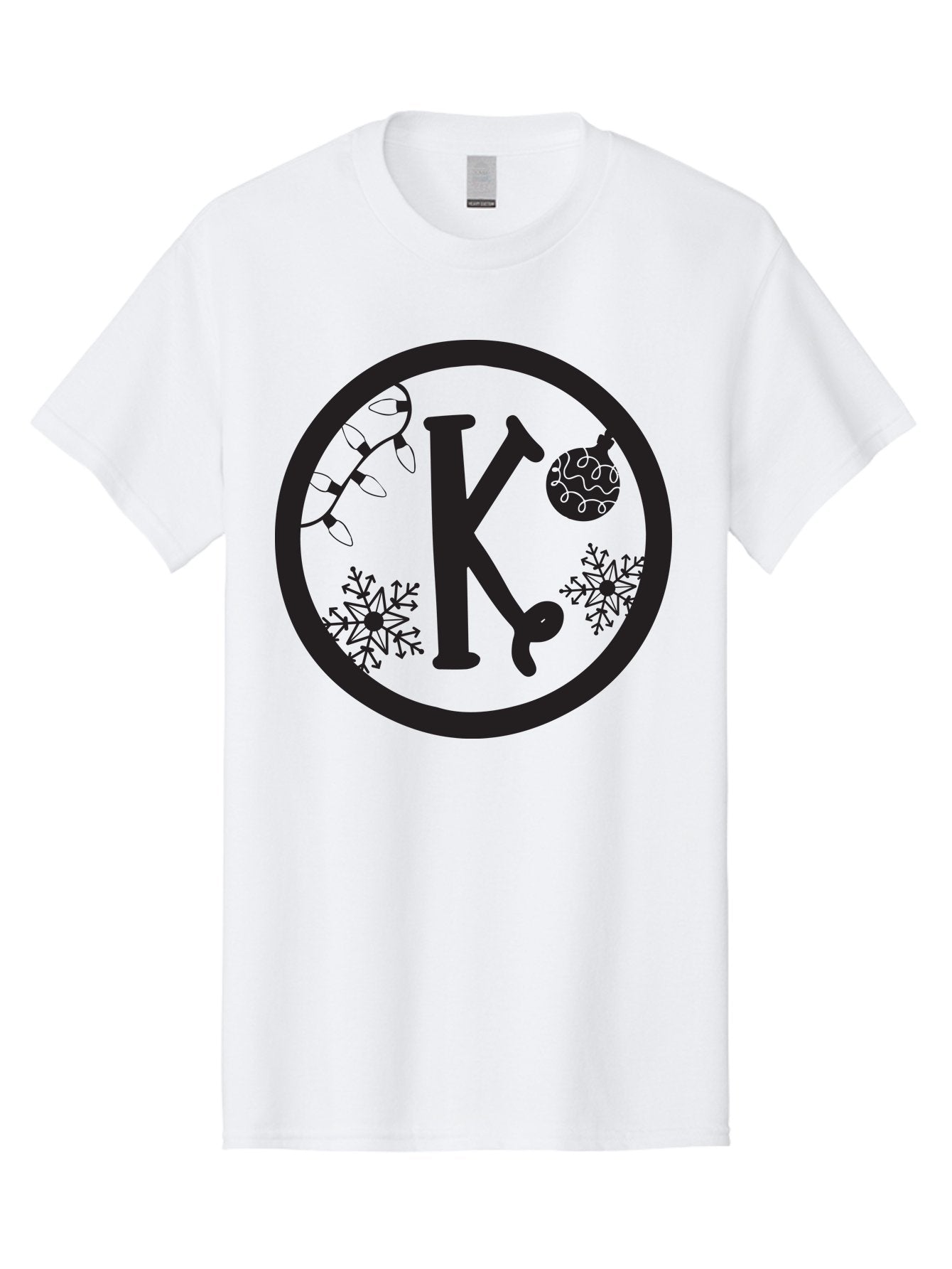 K Men'S Graphic Tee, 100% Cotton, Comfortable Casual Summer Wear, Machine Washable, Christmas Decorations, Festive Designs, Snowflakes, Ornament, K Symbol, String Lights, Holiday Graphics, Winter Wonderland Aac917 12