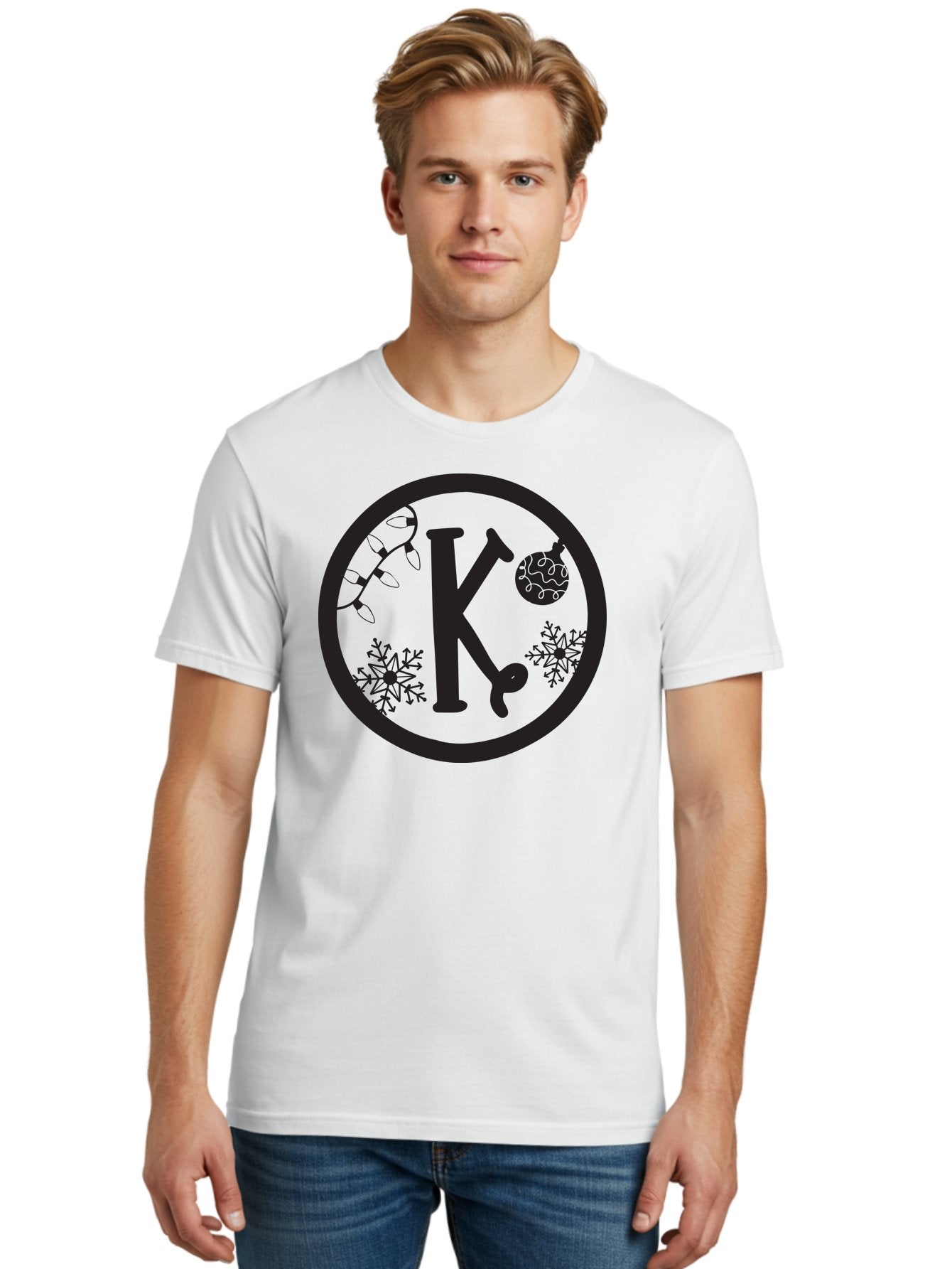 K Men'S Graphic Tee, 100% Cotton, Comfortable Casual Summer Wear, Machine Washable, Christmas Decorations, Festive Designs, Snowflakes, Ornament, K Symbol, String Lights, Holiday Graphics, Winter Wonderland Aac917 28