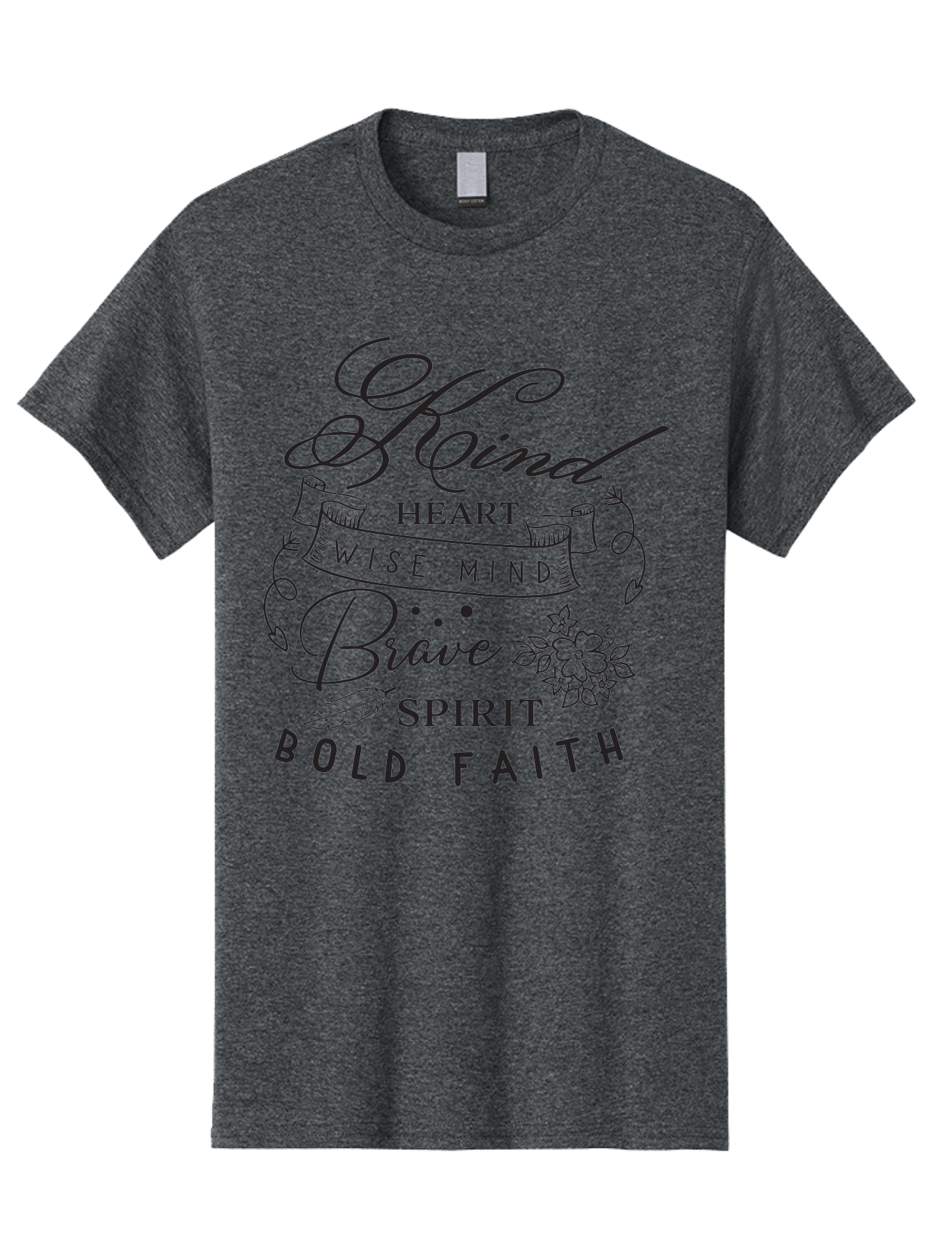 Kind-Heart-Brave-Spirit Men'S Graphic Tee, 100% Cotton, Comfortable Casual Summer Wear, Machine Washable, Inspirational Words, Motivational Quotes, Kind Heart, Wise Mind, Brave Spirit, Bold Faith, Positivity, Empowerment, Floral Elements, Aac918