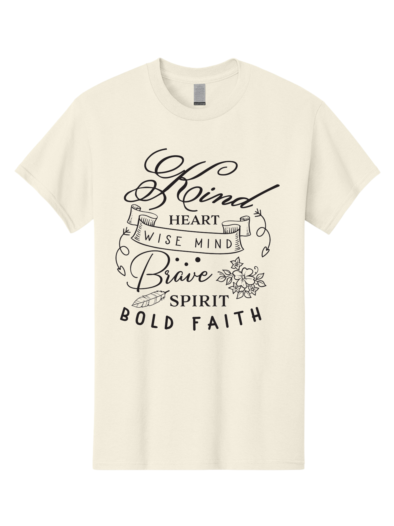 Kind-Heart-Brave-Spirit Men'S Graphic Tee, 100% Cotton, Comfortable Casual Summer Wear, Machine Washable, Inspirational Words, Motivational Quotes, Kind Heart, Wise Mind, Brave Spirit, Bold Faith, Positivity, Empowerment, Floral Elements, Aac918 17