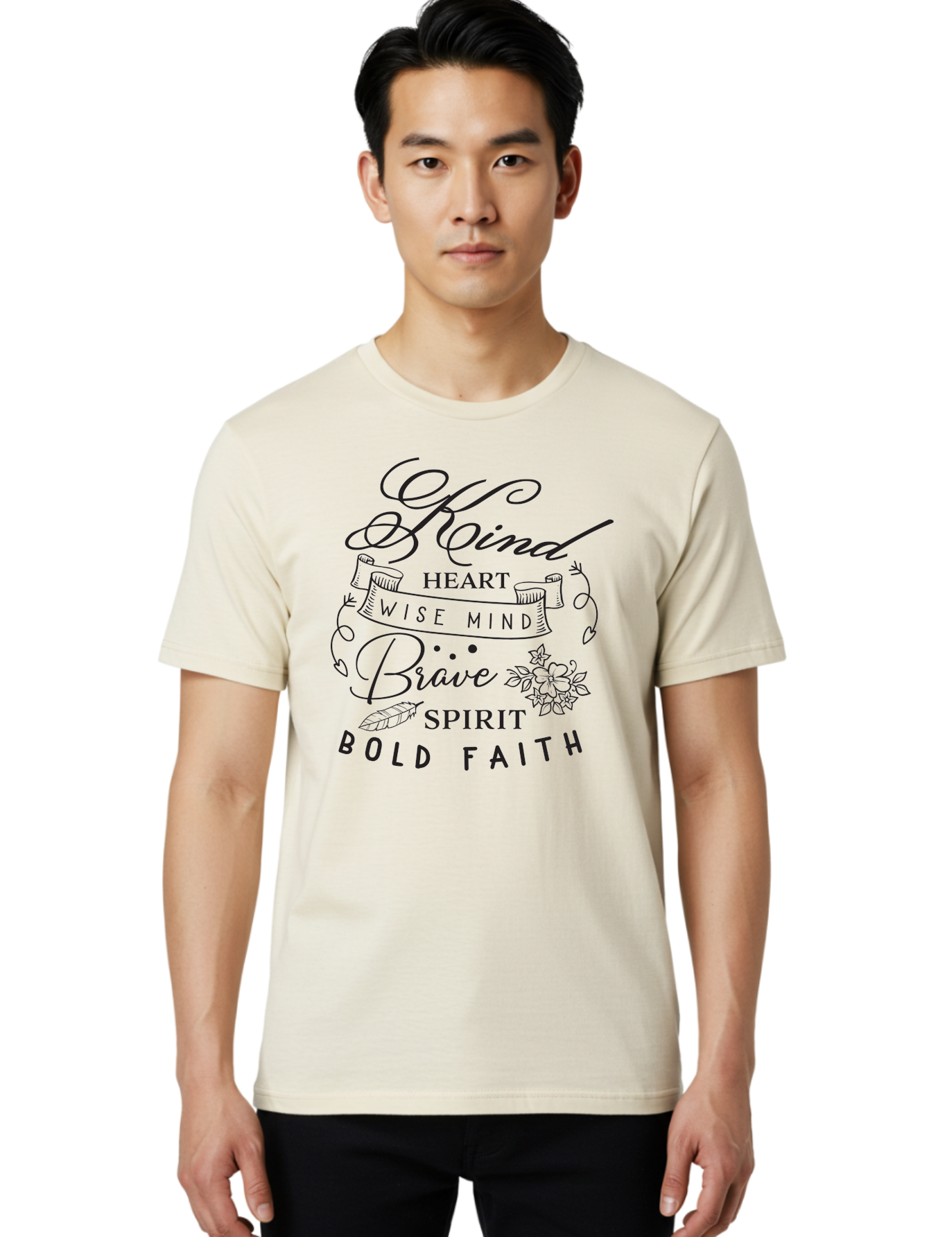 Kind-Heart-Brave-Spirit Men'S Graphic Tee, 100% Cotton, Comfortable Casual Summer Wear, Machine Washable, Inspirational Words, Motivational Quotes, Kind Heart, Wise Mind, Brave Spirit, Bold Faith, Positivity, Empowerment, Floral Elements, Aac918 18