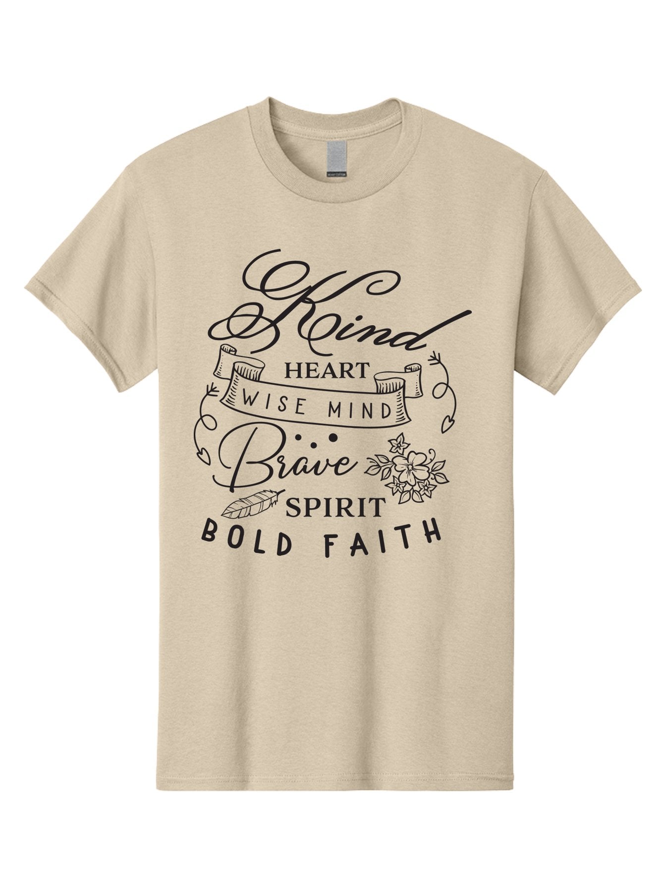 Kind-Heart-Brave-Spirit Men'S Graphic Tee, 100% Cotton, Comfortable Casual Summer Wear, Machine Washable, Inspirational Words, Motivational Quotes, Kind Heart, Wise Mind, Brave Spirit, Bold Faith, Positivity, Empowerment, Floral Elements, Aac918 12