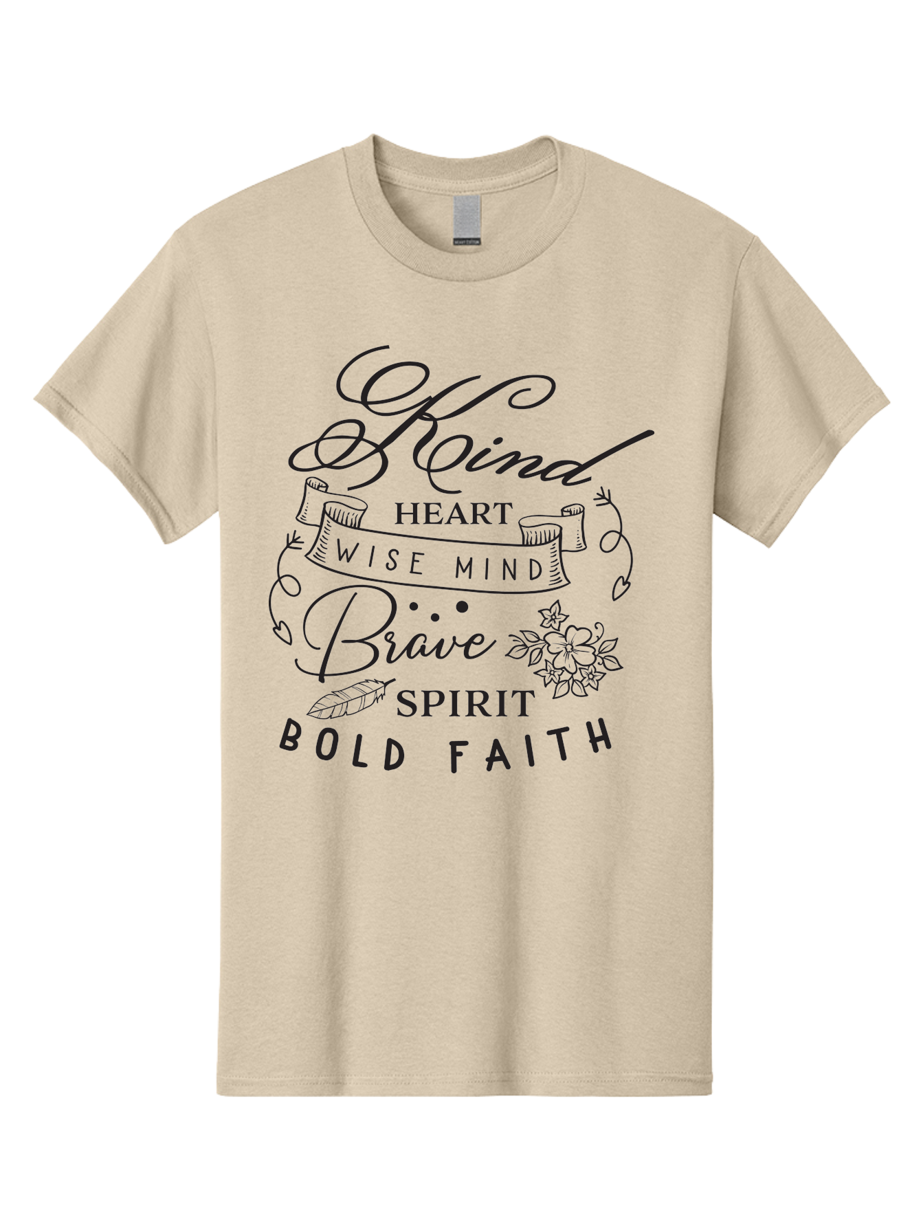 Kind-Heart-Brave-Spirit Men'S Graphic Tee, 100% Cotton, Comfortable Casual Summer Wear, Machine Washable, Inspirational Words, Motivational Quotes, Kind Heart, Wise Mind, Brave Spirit, Bold Faith, Positivity, Empowerment, Floral Elements, Aac918 5
