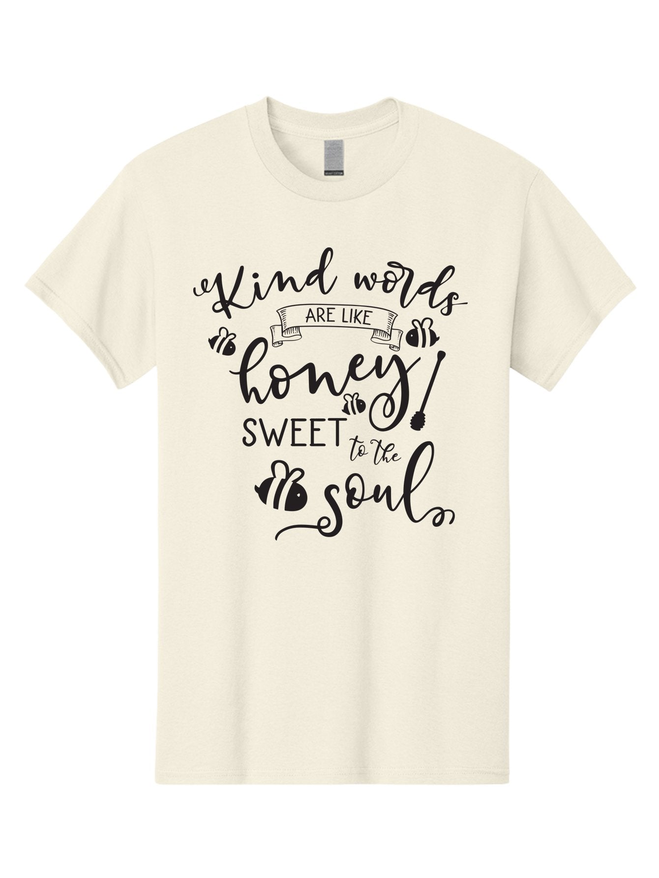 Kind-Words-Are-Like-Honey Men'S Graphic Tee, 100% Cotton, Comfortable Casual Summer Wear, Machine Washable, Inspirational Quote, Kindness, Positive Words, Sweet Soul, Motivational Quote, Black Lettering, Bee Illustrations, Ribbon Banner, Aac920 15