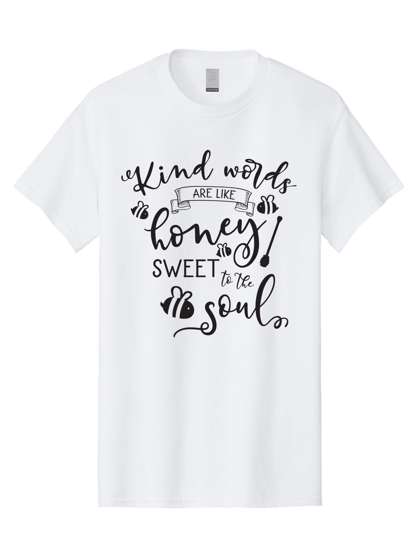 Kind-Words-Are-Like-Honey Men'S Graphic Tee, 100% Cotton, Comfortable Casual Summer Wear, Machine Washable, Inspirational Quote, Kindness, Positive Words, Sweet Soul, Motivational Quote, Black Lettering, Bee Illustrations, Ribbon Banner, Aac920 11