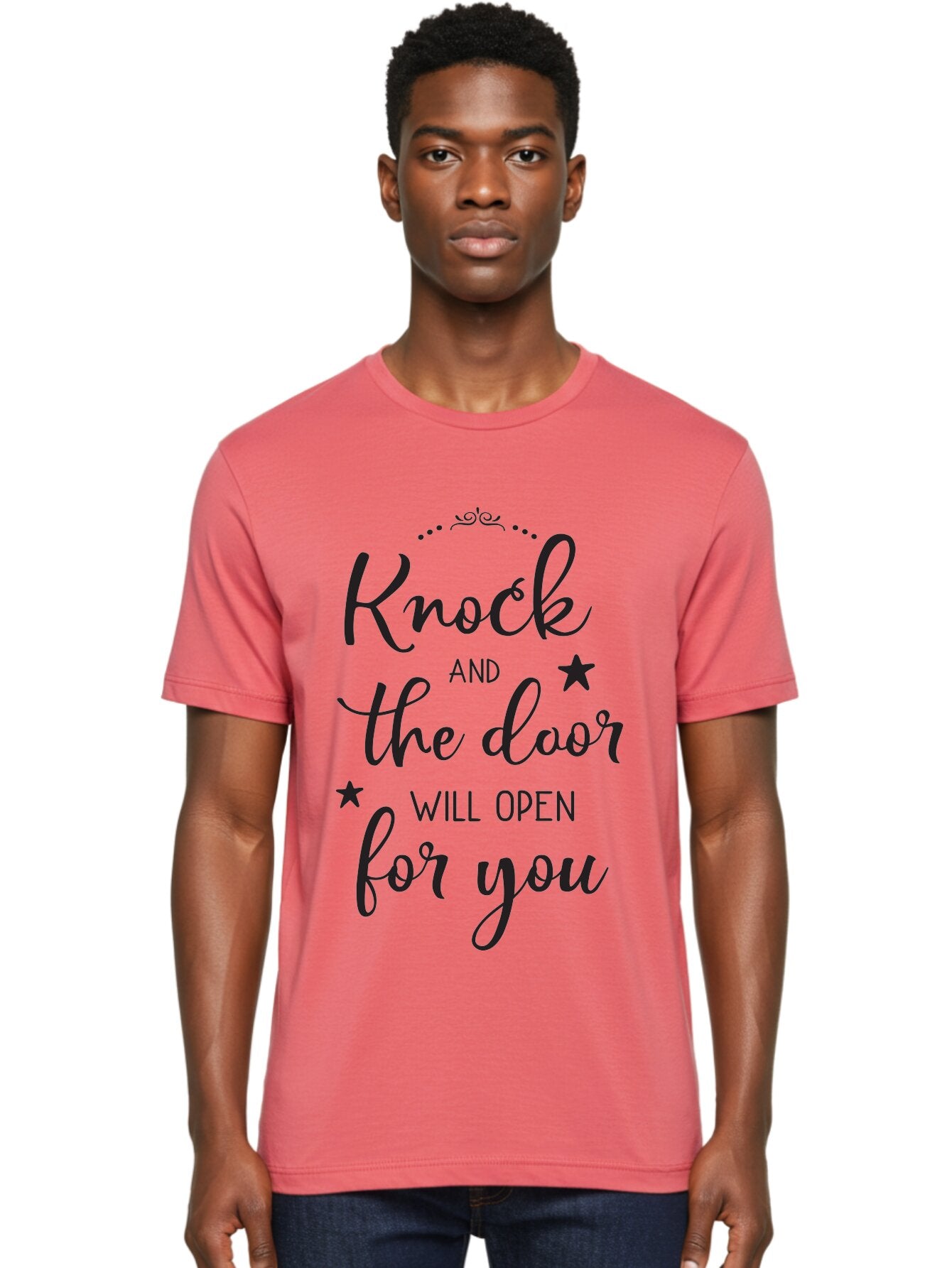Knock-And-The-Door-Will-Open-For-You Men'S Graphic Tee, 100% Cotton, Comfortable Casual Summer Wear, Machine Washable, Motivational Quote, Inspiring Words, Positive Affirmation, Knock And The Door Will Open, Opportunity Knocks, Success Mantra, Aac922 22
