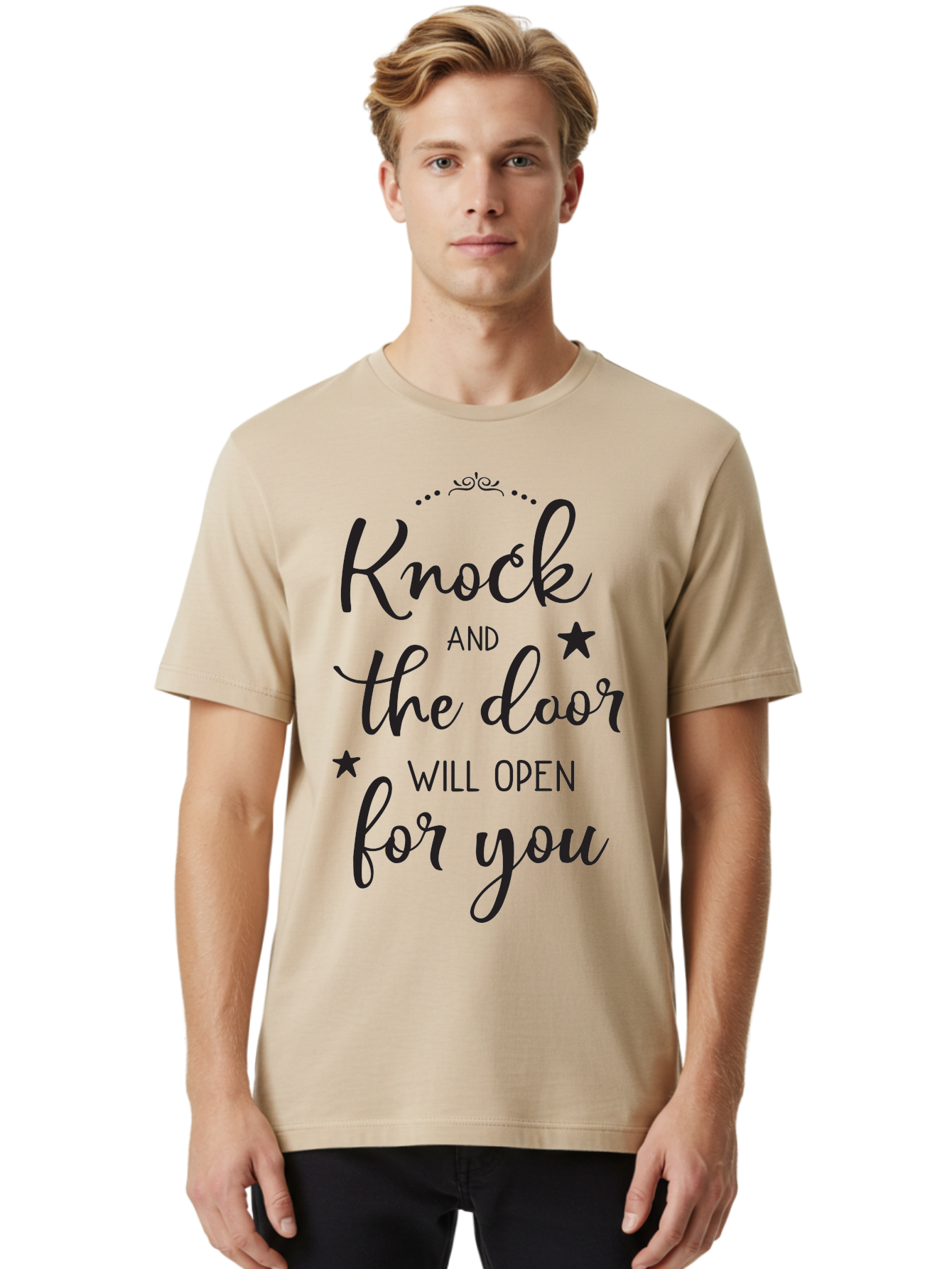 Knock-And-The-Door-Will-Open-For-You Men'S Graphic Tee, 100% Cotton, Comfortable Casual Summer Wear, Machine Washable, Motivational Quote, Inspiring Words, Positive Affirmation, Knock And The Door Will Open, Opportunity Knocks, Success Mantra, Aac922 10