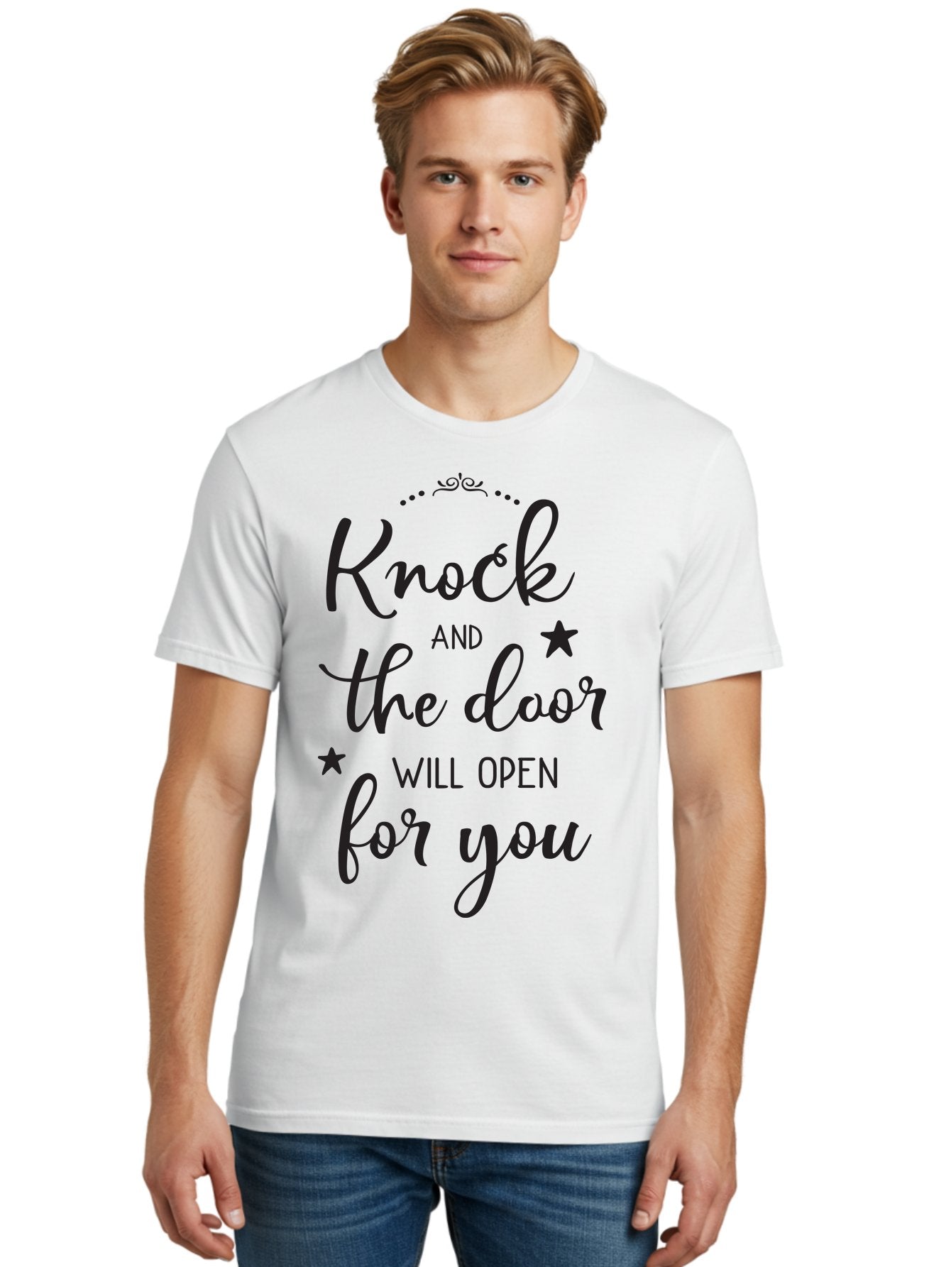 Knock-And-The-Door-Will-Open-For-You Men'S Graphic Tee, 100% Cotton, Comfortable Casual Summer Wear, Machine Washable, Motivational Quote, Inspiring Words, Positive Affirmation, Knock And The Door Will Open, Opportunity Knocks, Success Mantra, Aac922 28