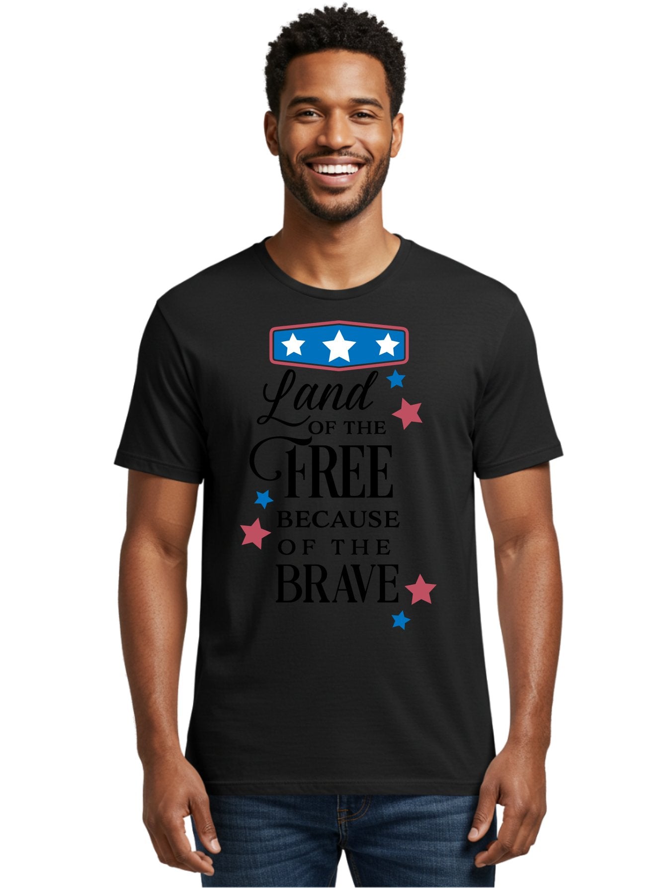 Land-Of-Free-Because-Of-Brave Men'S Graphic Tee, 100% Cotton, Comfortable Casual Summer Wear, Machine Washable, Patriotic Quote, Inspirational Phrase, Red White And Blue Theme, Freedom And Bravery, Stars And Stripes, Usa Pride, Aac924 16