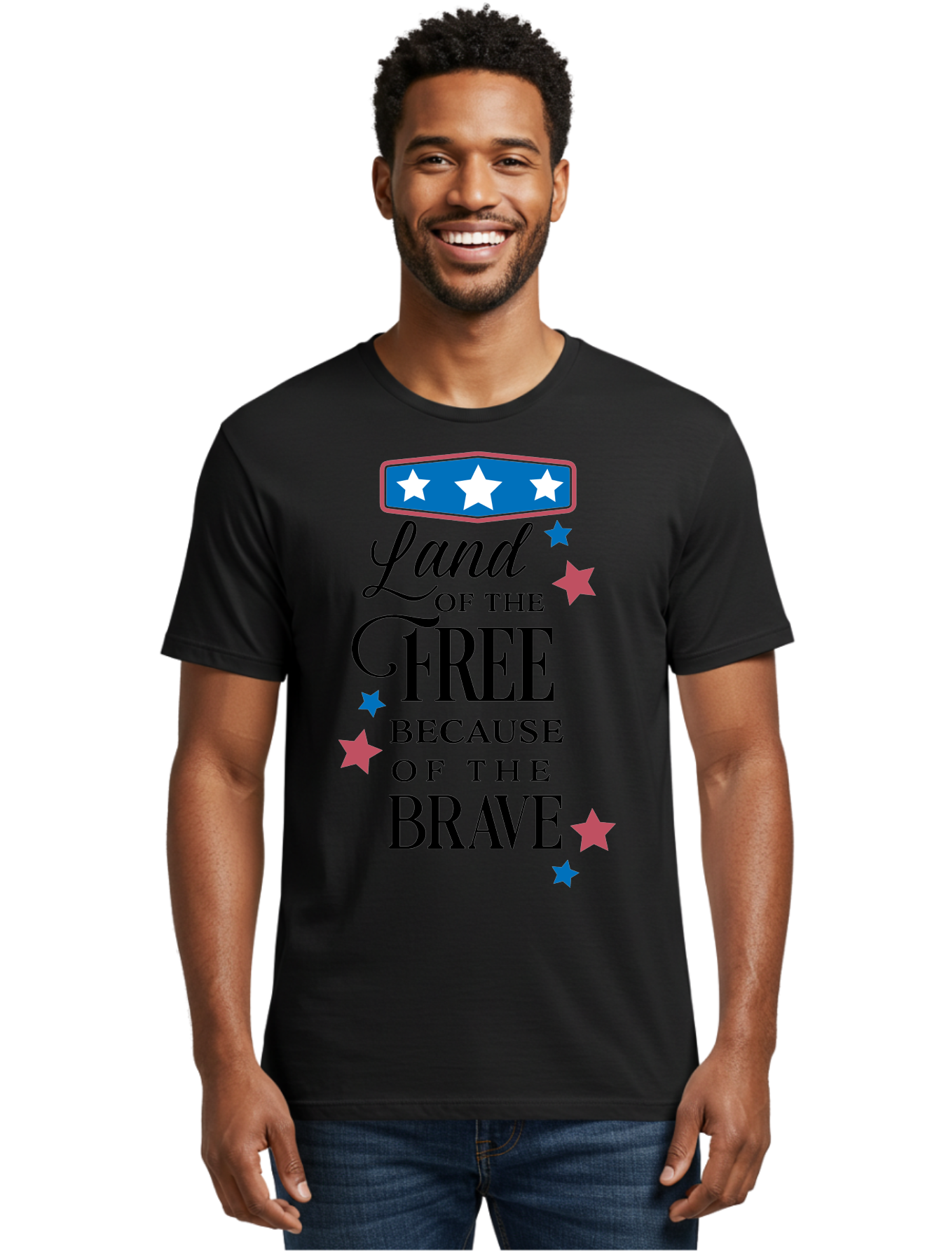 Land-Of-Free-Because-Of-Brave Men'S Graphic Tee, 100% Cotton, Comfortable Casual Summer Wear, Machine Washable, Patriotic Quote, Inspirational Phrase, Red White And Blue Theme, Freedom And Bravery, Stars And Stripes, Usa Pride, Aac924 26