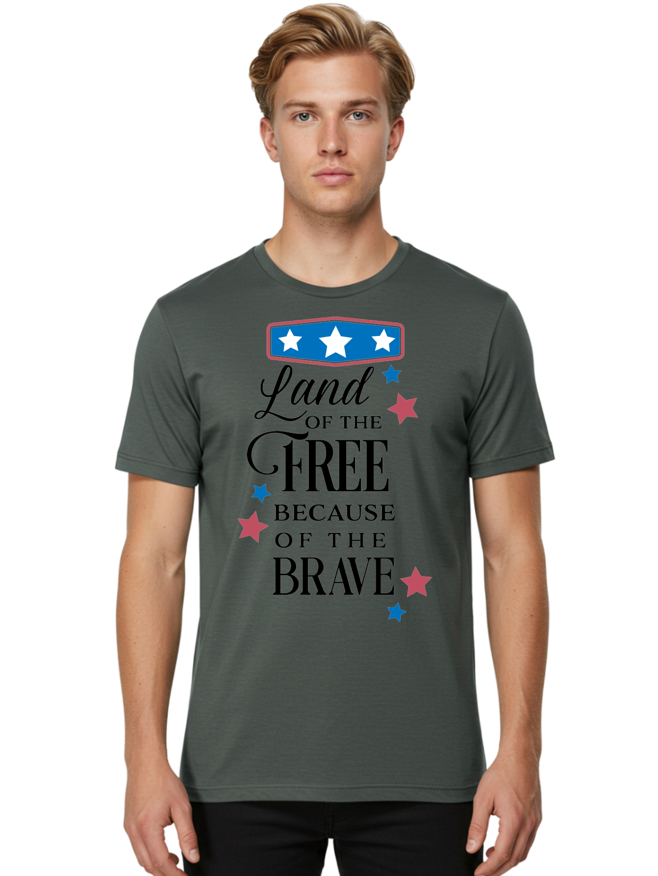 Land-Of-Free-Because-Of-Brave Men'S Graphic Tee, 100% Cotton, Comfortable Casual Summer Wear, Machine Washable, Patriotic Quote, Inspirational Phrase, Red White And Blue Theme, Freedom And Bravery, Stars And Stripes, Usa Pride, Aac924 28