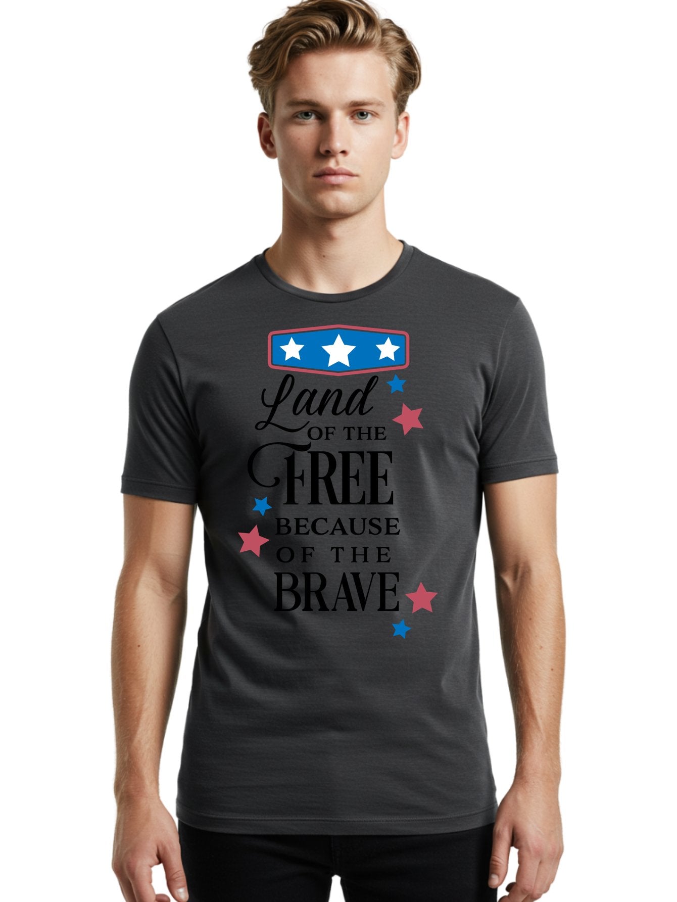 Land-Of-Free-Because-Of-Brave Men'S Graphic Tee, 100% Cotton, Comfortable Casual Summer Wear, Machine Washable, Patriotic Quote, Inspirational Phrase, Red White And Blue Theme, Freedom And Bravery, Stars And Stripes, Usa Pride, Aac924 28
