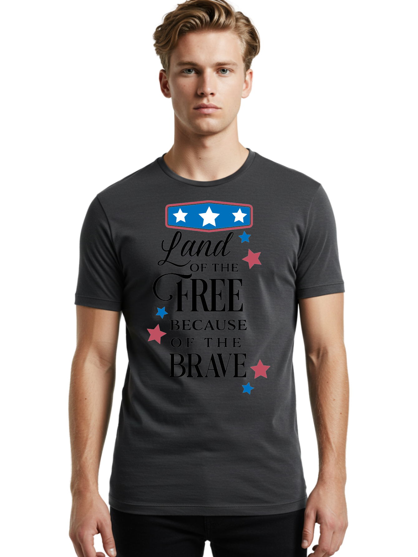Land-Of-Free-Because-Of-Brave Men'S Graphic Tee, 100% Cotton, Comfortable Casual Summer Wear, Machine Washable, Patriotic Quote, Inspirational Phrase, Red White And Blue Theme, Freedom And Bravery, Stars And Stripes, Usa Pride, Aac924 6