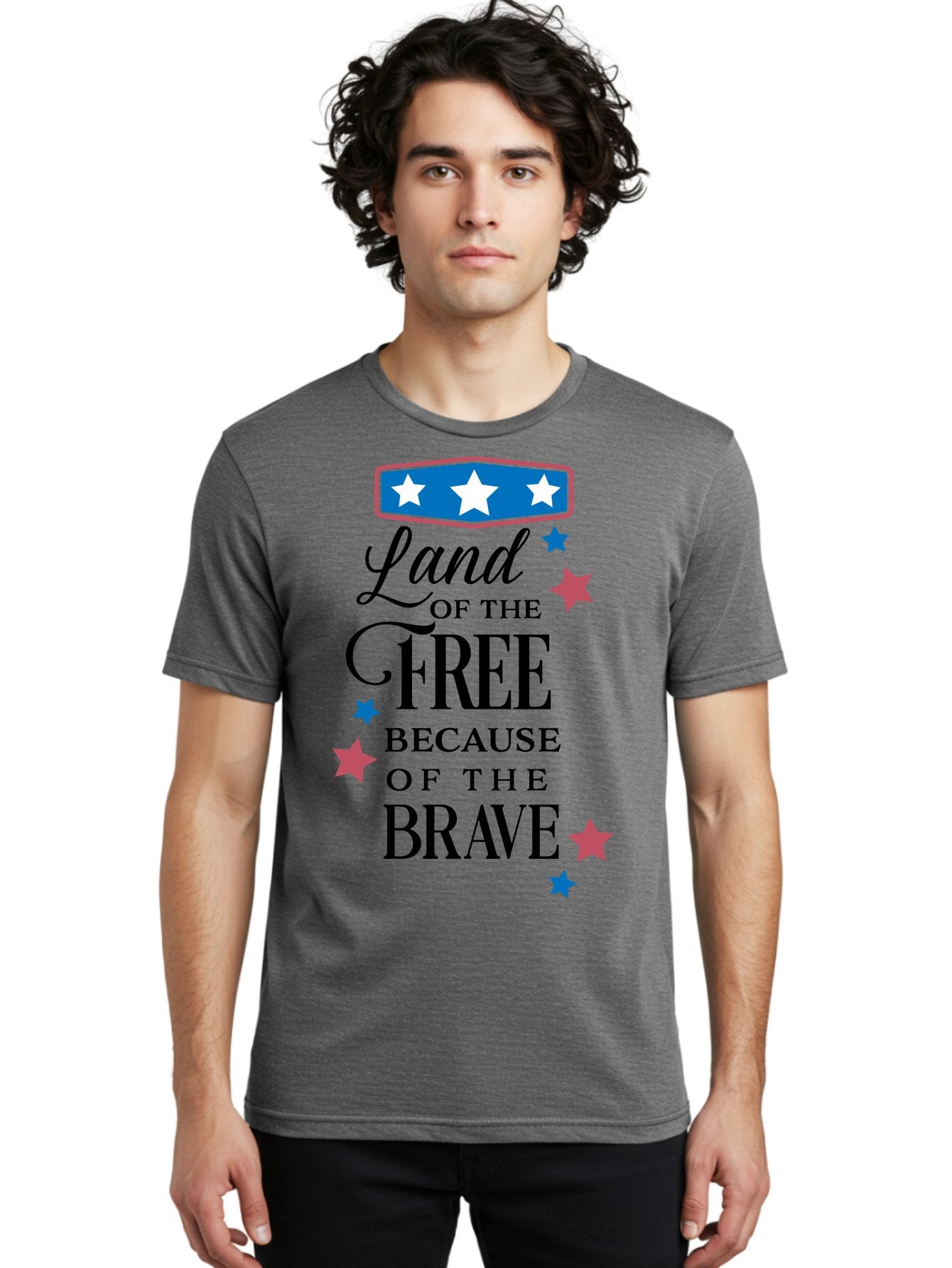 Land-Of-Free-Because-Of-Brave Men'S Graphic Tee, 100% Cotton, Comfortable Casual Summer Wear, Machine Washable, Patriotic Quote, Inspirational Phrase, Red White And Blue Theme, Freedom And Bravery, Stars And Stripes, Usa Pride, Aac924 21