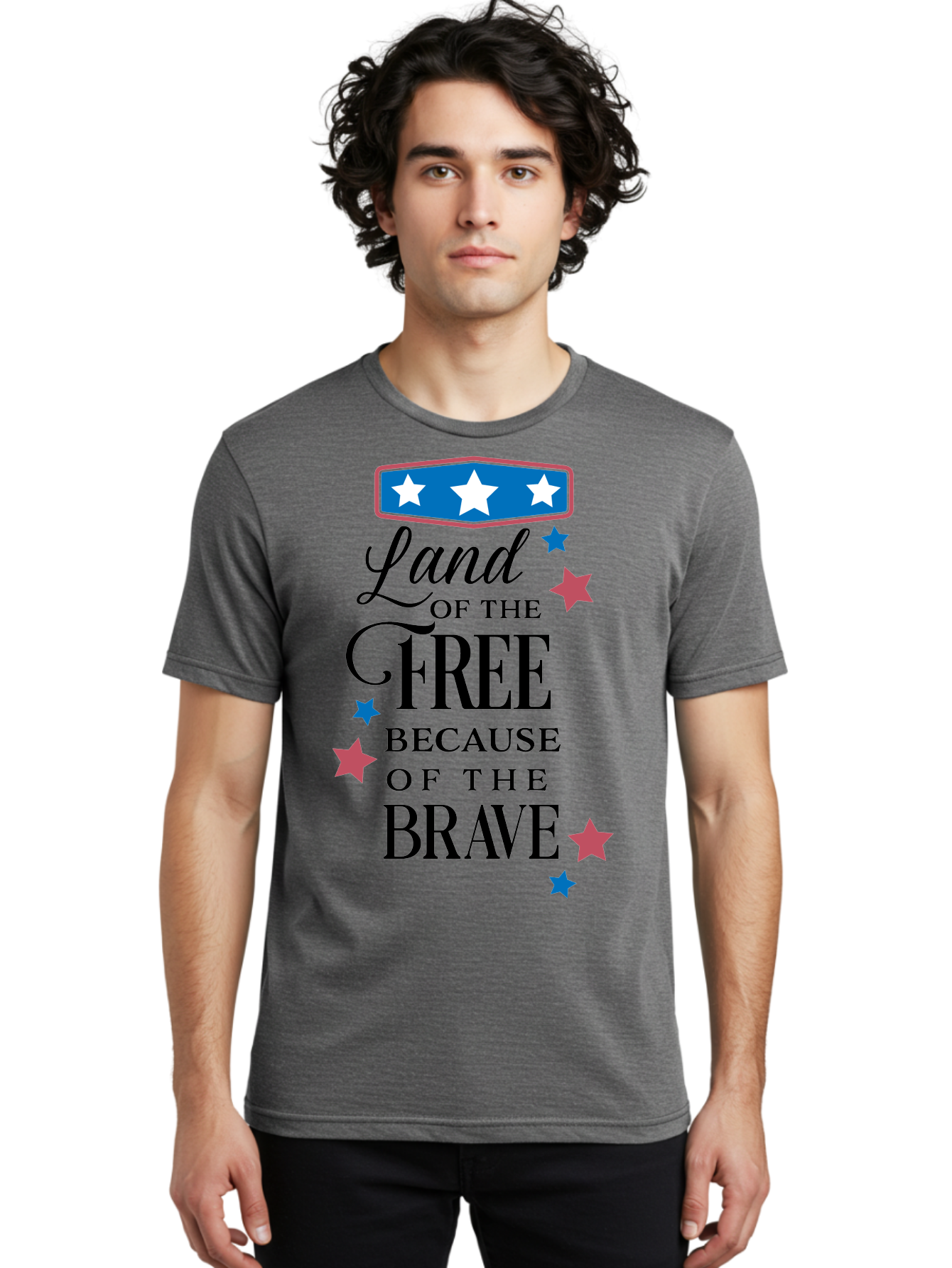 Land-Of-Free-Because-Of-Brave Men'S Graphic Tee, 100% Cotton, Comfortable Casual Summer Wear, Machine Washable, Patriotic Quote, Inspirational Phrase, Red White And Blue Theme, Freedom And Bravery, Stars And Stripes, Usa Pride, Aac924 20