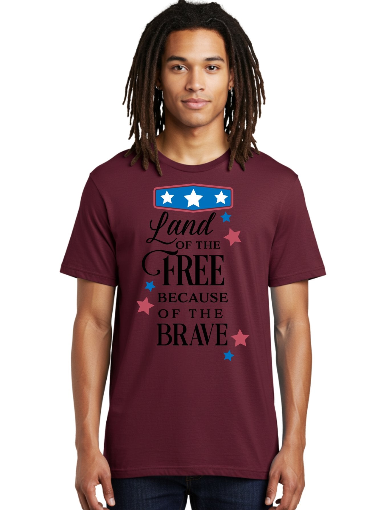Land-Of-Free-Because-Of-Brave Men'S Graphic Tee, 100% Cotton, Comfortable Casual Summer Wear, Machine Washable, Patriotic Quote, Inspirational Phrase, Red White And Blue Theme, Freedom And Bravery, Stars And Stripes, Usa Pride, Aac924 30