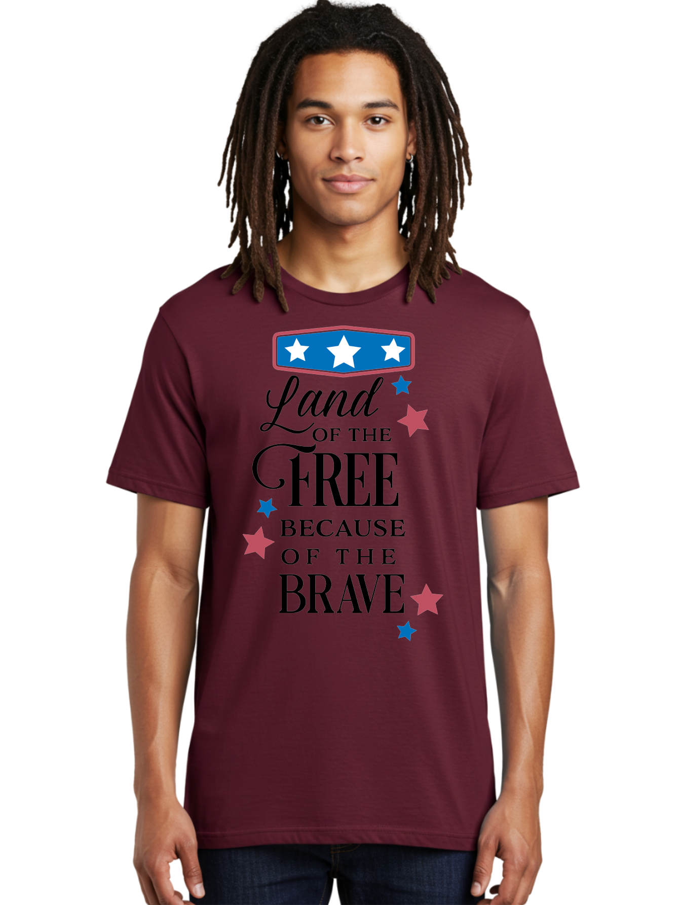 Land-Of-Free-Because-Of-Brave Men'S Graphic Tee, 100% Cotton, Comfortable Casual Summer Wear, Machine Washable, Patriotic Quote, Inspirational Phrase, Red White And Blue Theme, Freedom And Bravery, Stars And Stripes, Usa Pride, Aac924