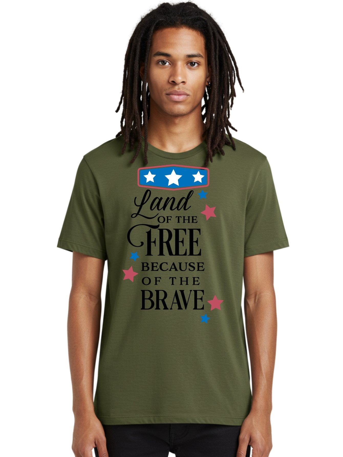 Land-Of-Free-Because-Of-Brave Men'S Graphic Tee, 100% Cotton, Comfortable Casual Summer Wear, Machine Washable, Patriotic Quote, Inspirational Phrase, Red White And Blue Theme, Freedom And Bravery, Stars And Stripes, Usa Pride, Aac924 18
