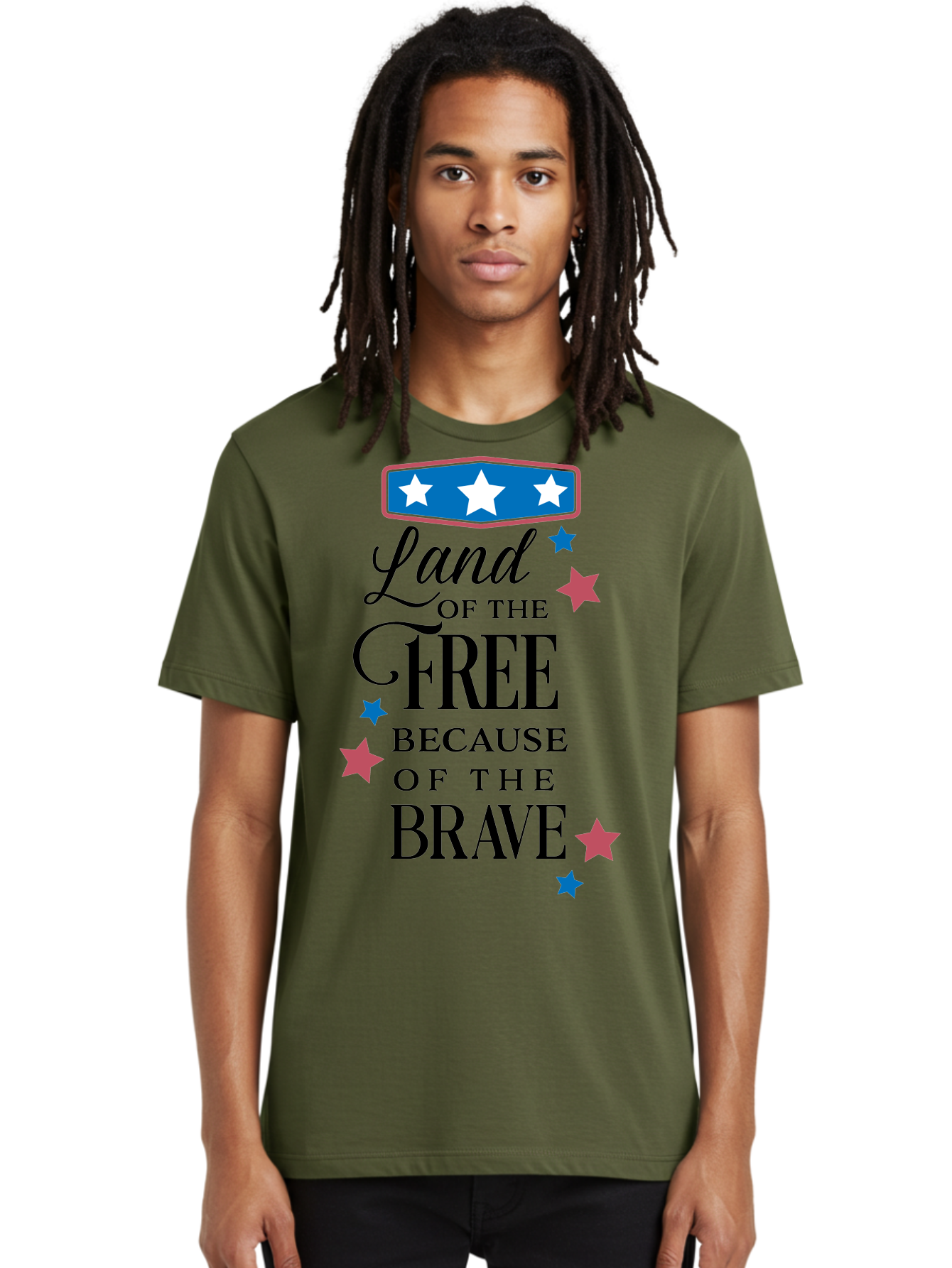 Land-Of-Free-Because-Of-Brave Men'S Graphic Tee, 100% Cotton, Comfortable Casual Summer Wear, Machine Washable, Patriotic Quote, Inspirational Phrase, Red White And Blue Theme, Freedom And Bravery, Stars And Stripes, Usa Pride, Aac924 24