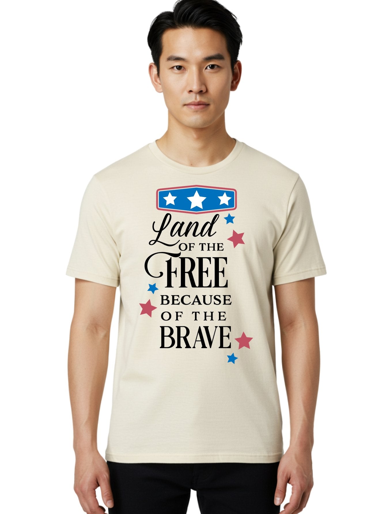 Land-Of-Free-Because-Of-Brave Men'S Graphic Tee, 100% Cotton, Comfortable Casual Summer Wear, Machine Washable, Patriotic Quote, Inspirational Phrase, Red White And Blue Theme, Freedom And Bravery, Stars And Stripes, Usa Pride, Aac924 27