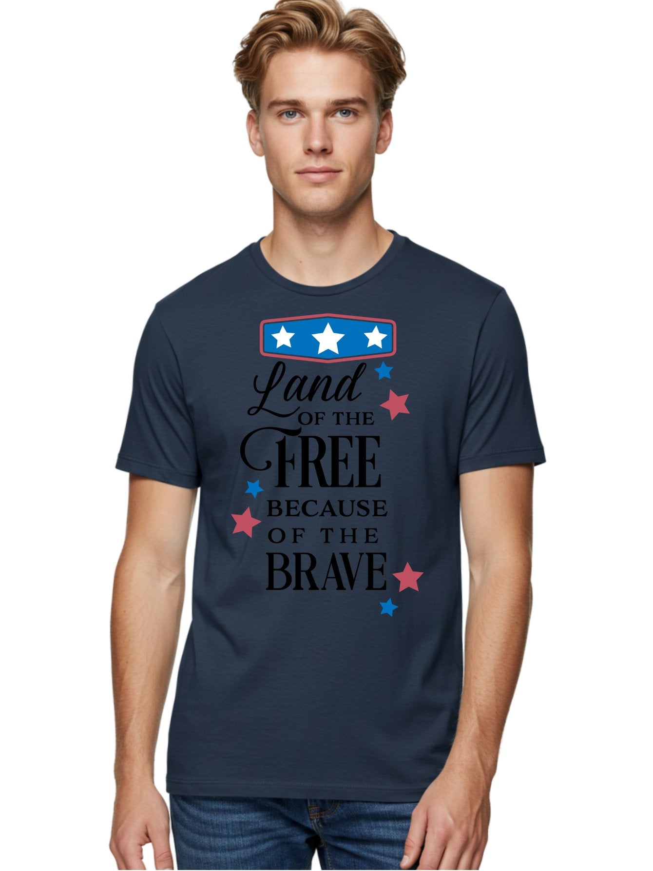 Land-Of-Free-Because-Of-Brave Men'S Graphic Tee, 100% Cotton, Comfortable Casual Summer Wear, Machine Washable, Patriotic Quote, Inspirational Phrase, Red White And Blue Theme, Freedom And Bravery, Stars And Stripes, Usa Pride, Aac924 25