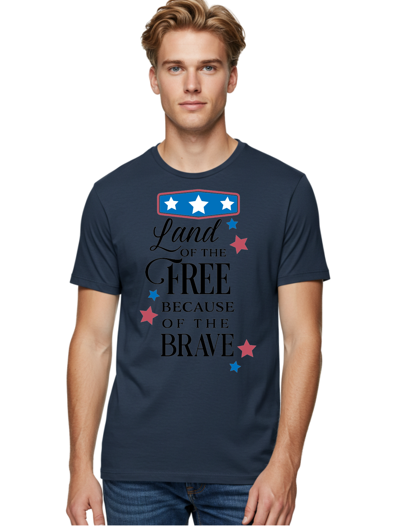 Land-Of-Free-Because-Of-Brave Men'S Graphic Tee, 100% Cotton, Comfortable Casual Summer Wear, Machine Washable, Patriotic Quote, Inspirational Phrase, Red White And Blue Theme, Freedom And Bravery, Stars And Stripes, Usa Pride, Aac924 12